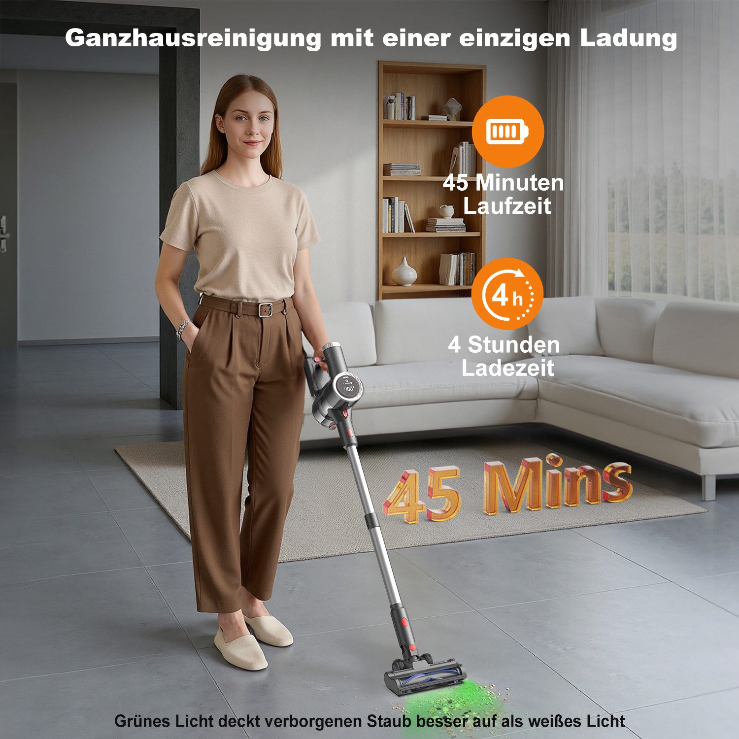 PRASKY Hand-und Stielstaubsauger P1MAX Kabelloser Staubsauger 45 kPa, 45 Min Akku, freistehend, HEPA, 550 W, mit Beutel, Geräuschpegel <70 dB(A)