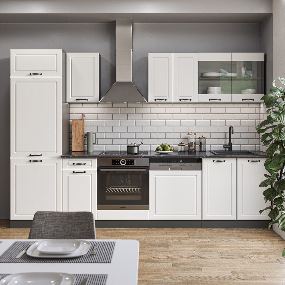 Vicco Küchenzeile R-Line, Weiß Landhaus/Anthrazit, 300 cm, AP Marmor