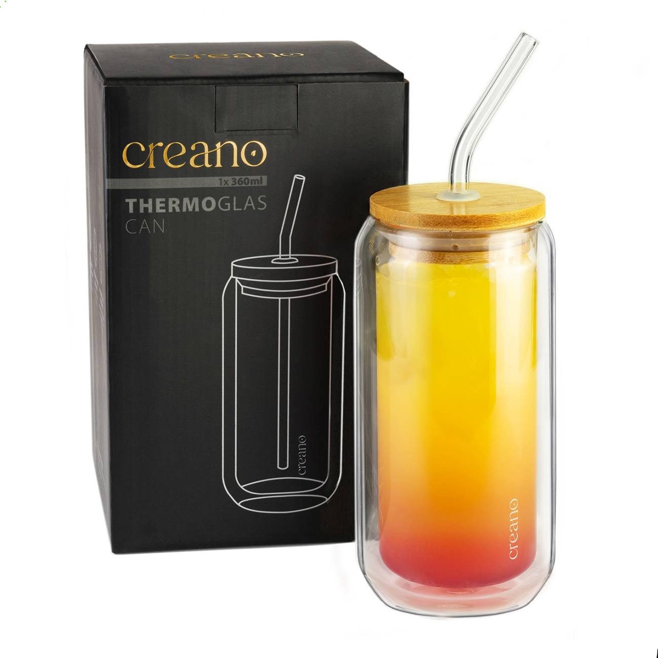 Creano Teeglas Creano doppelwandiges Trinkglas mit Deckel & Strohhalm 360ml 1er, 1-tlg., Borosilikatglas