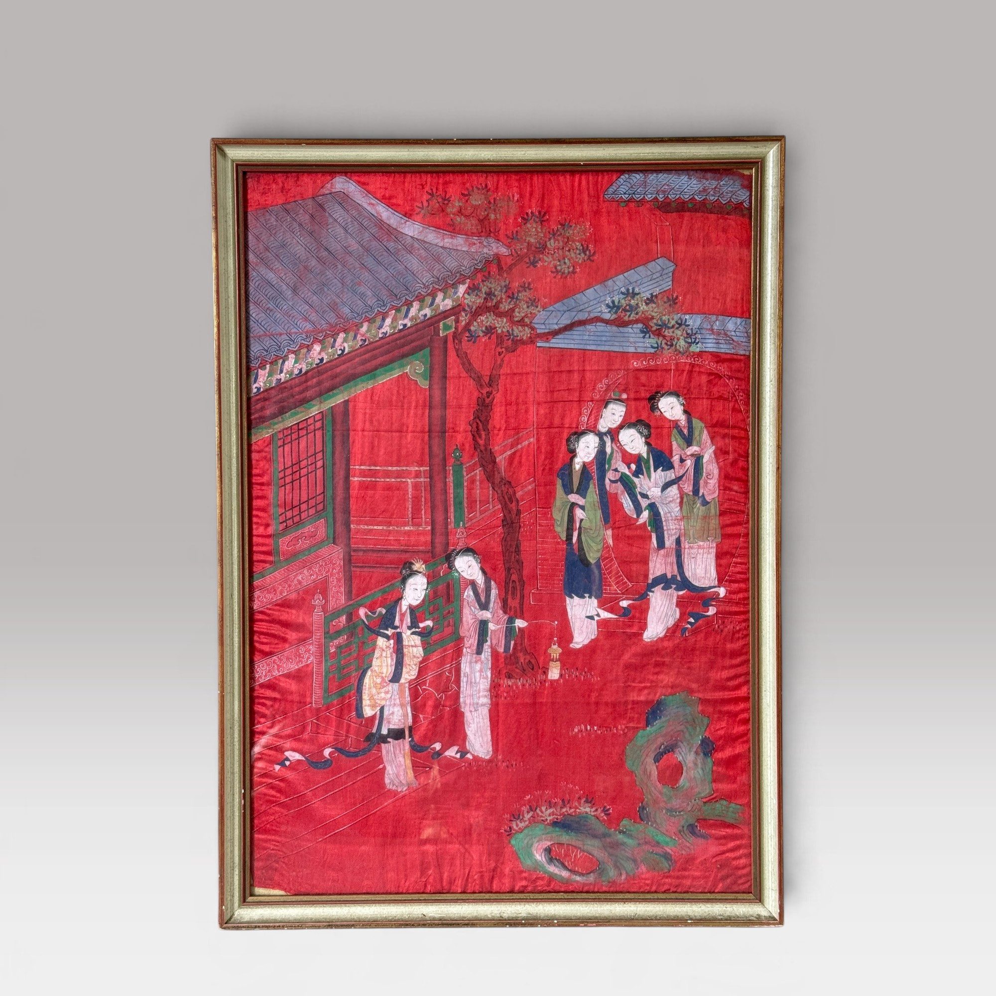 Asien LifeStyle Buddhafigur Chinesische Seidenmalerei Hofdamen im Palastgarten gerahmt 65 x 46 cm