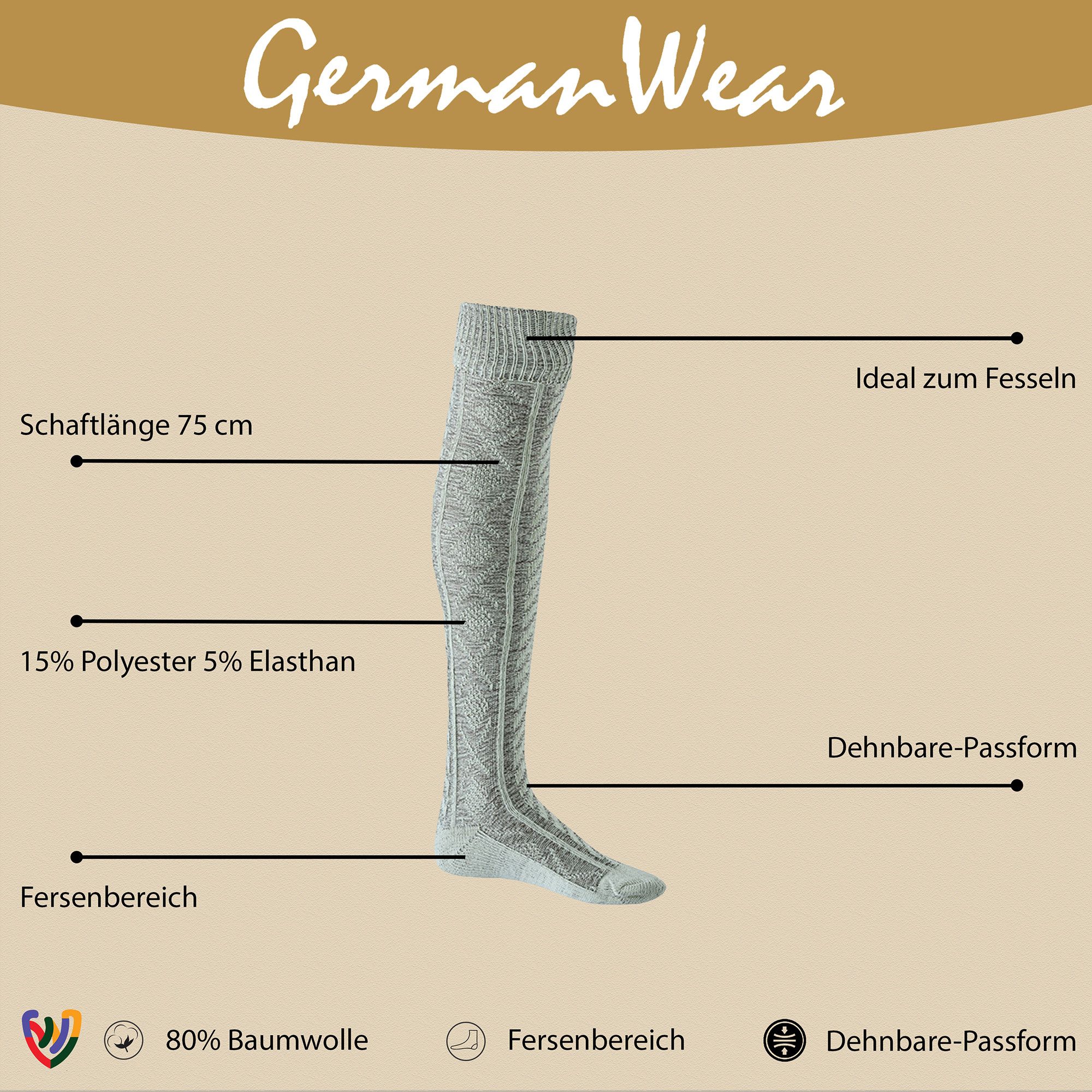 German Wear Trachtensocken GW260 EXTRA Lange Trachtensocken Kniehoch Strümpfe Socken 75cm