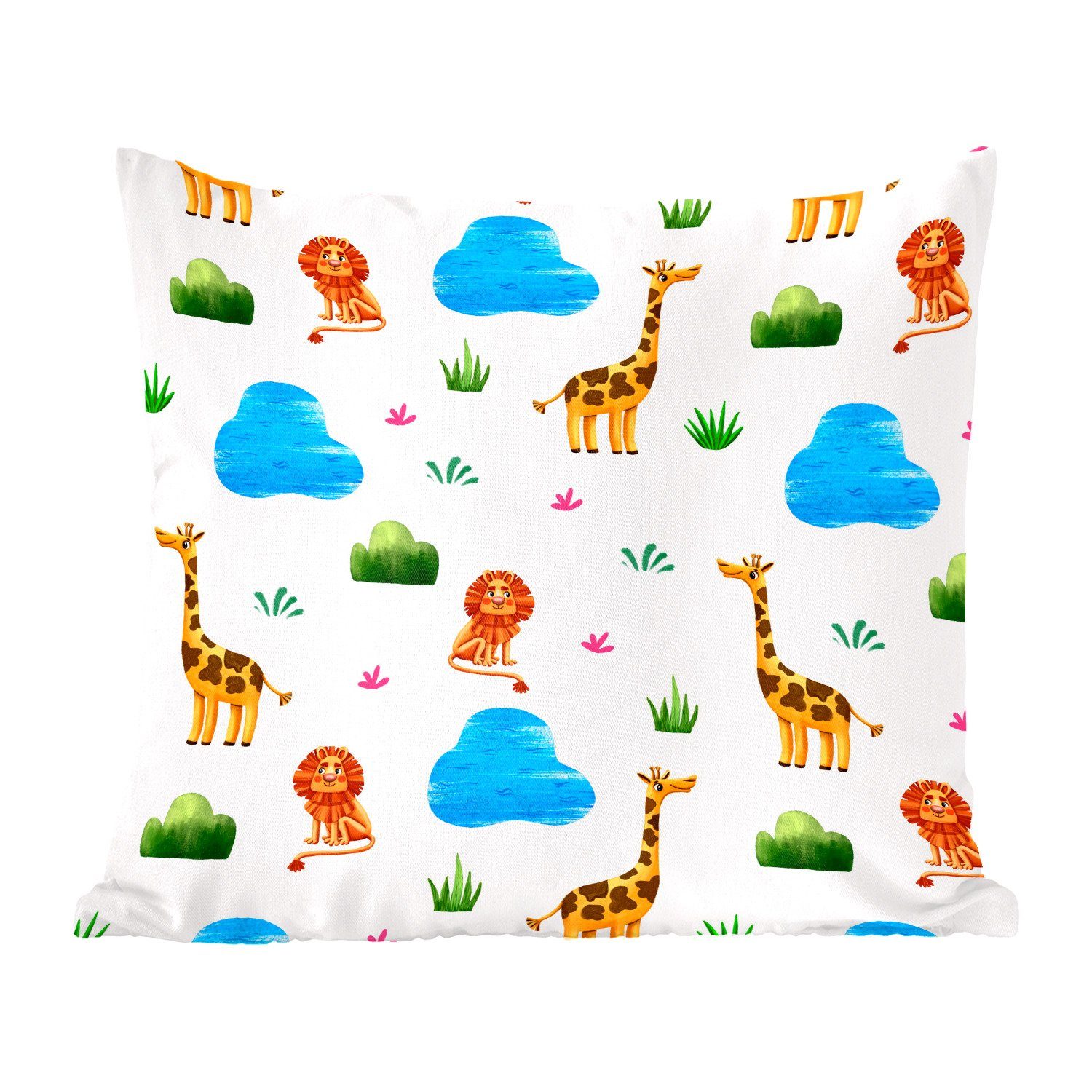 MuchoWow Dekokissen Giraffe - Löwe - Dschungel - Design, Zierkissen mit Füllung für Wohzimmer, Schlafzimmer, Deko, Sofakissen