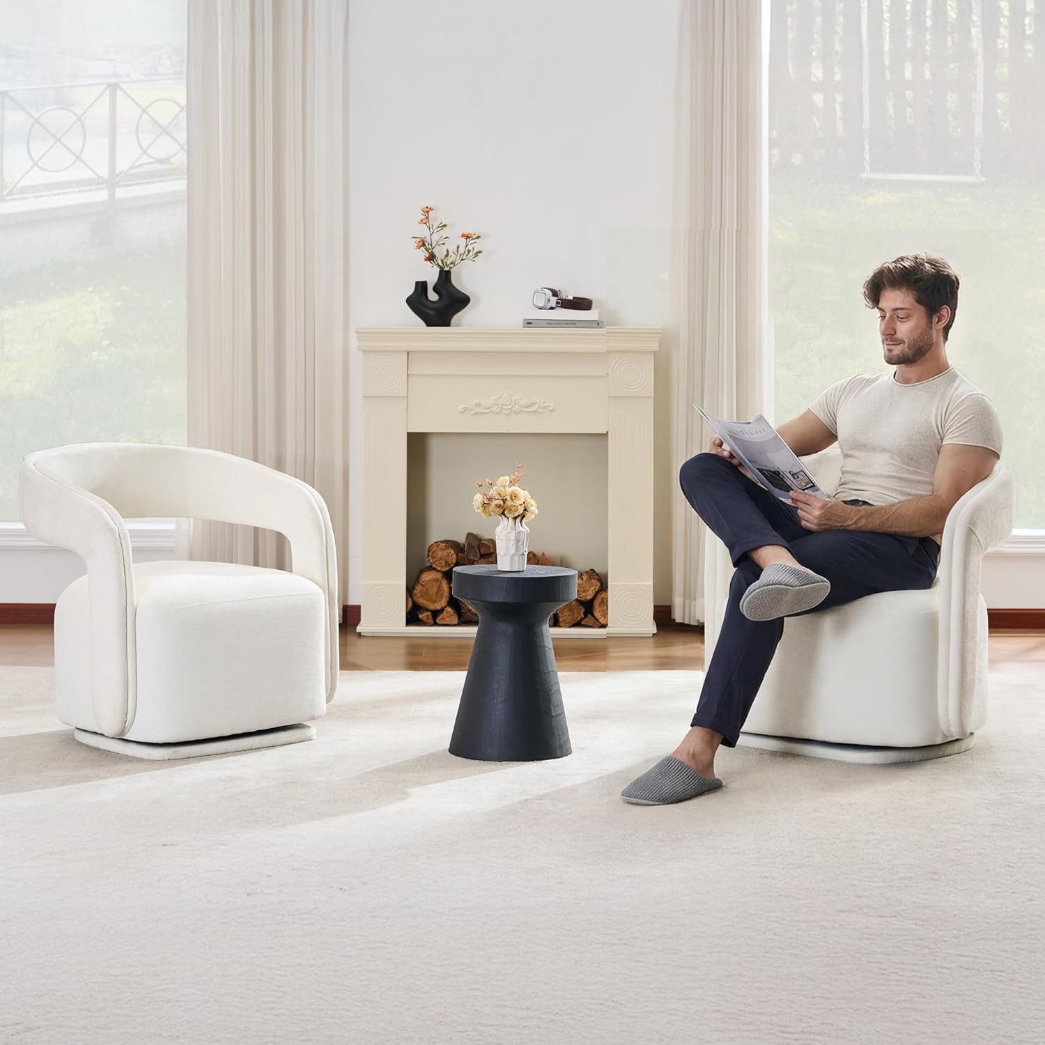 DEKKETO Sessel Polstersessel, Chenille Lounge Sessel, Moderner Drehsessel, drehbar (1-St), mit Großer Sitzfläche und Geschwungener Rückenlehne