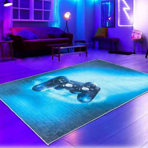 Teppich Gaming-Teppich mit Neon-Farben und Symbolen auf schwarzem Hintergrund, Carpetia, rechteckig, Höhe: 5 mm