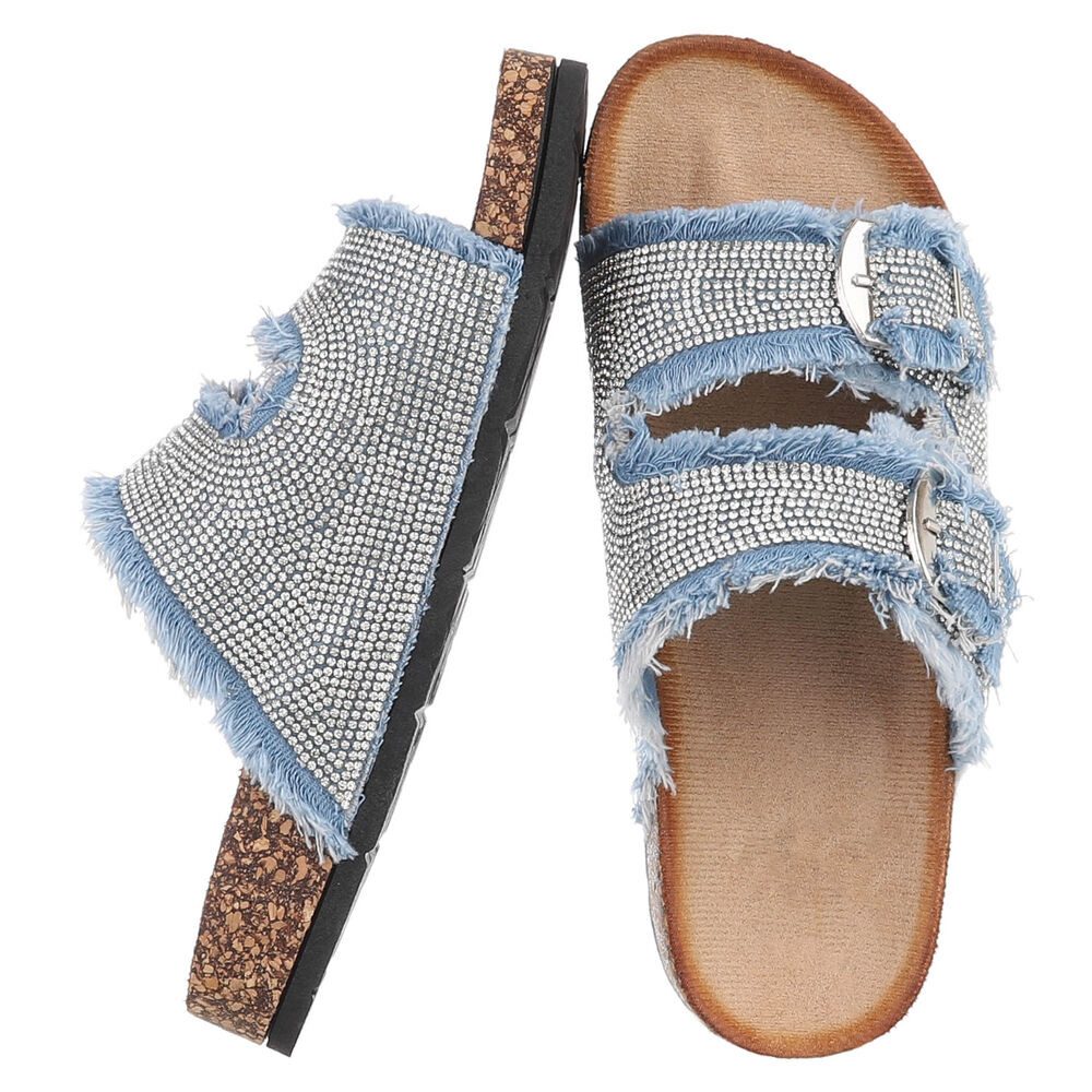 Ital-Design Glamouröse Damen Sandalen mit Strass und Korkfußbett Pantolette (91512391) Flach Pantoletten in Hellblau