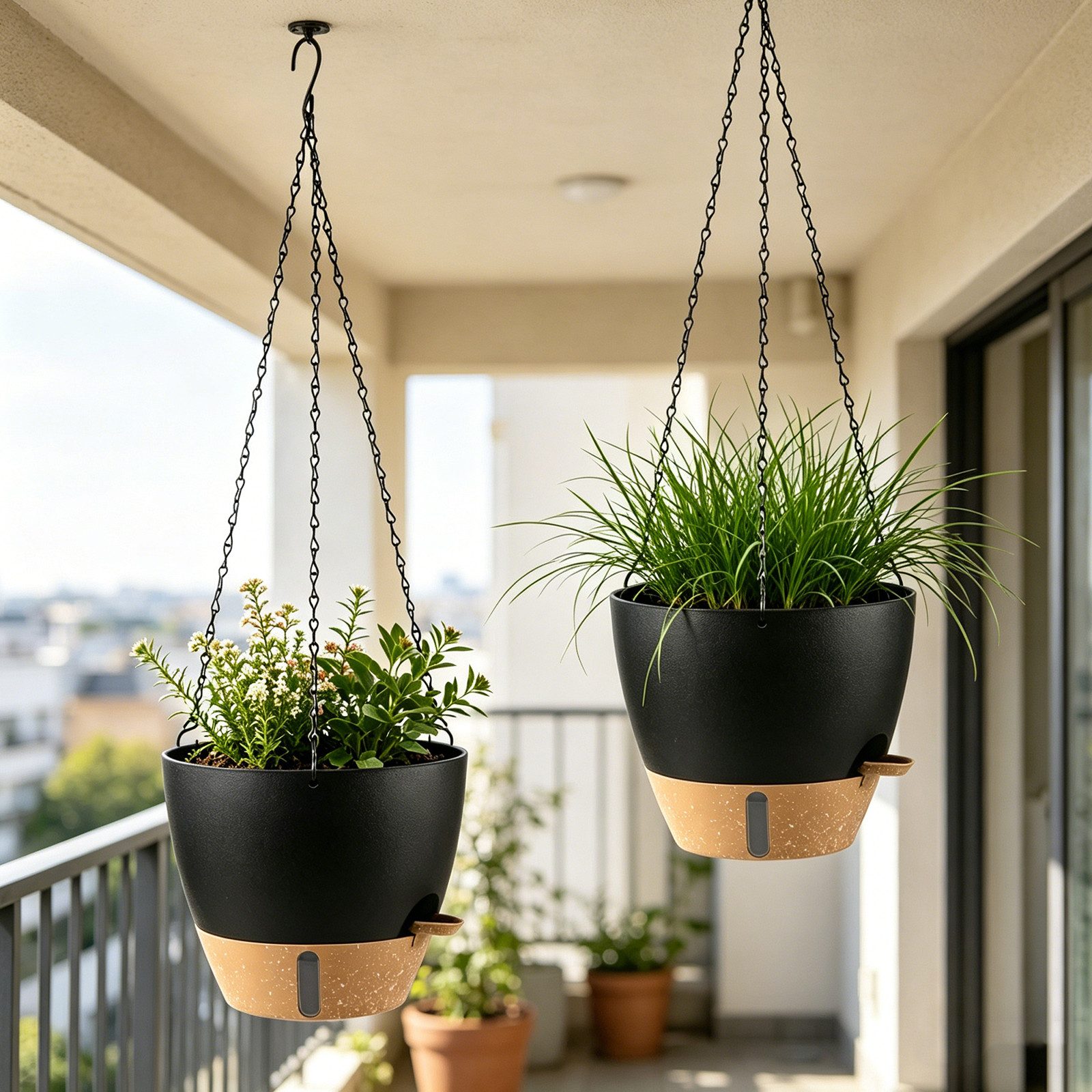 BlingBin Blumenampel 25cm Selbstbewässernder Hängetopf mit Wasserreservoir für Pflanzen (2er Set, 2 St., Produktabmessungen: 25,2x25,2x15 cm), Kunststoff Hänge Blumentopf für Innen Außen - Garten Balkon Wohnzimmer