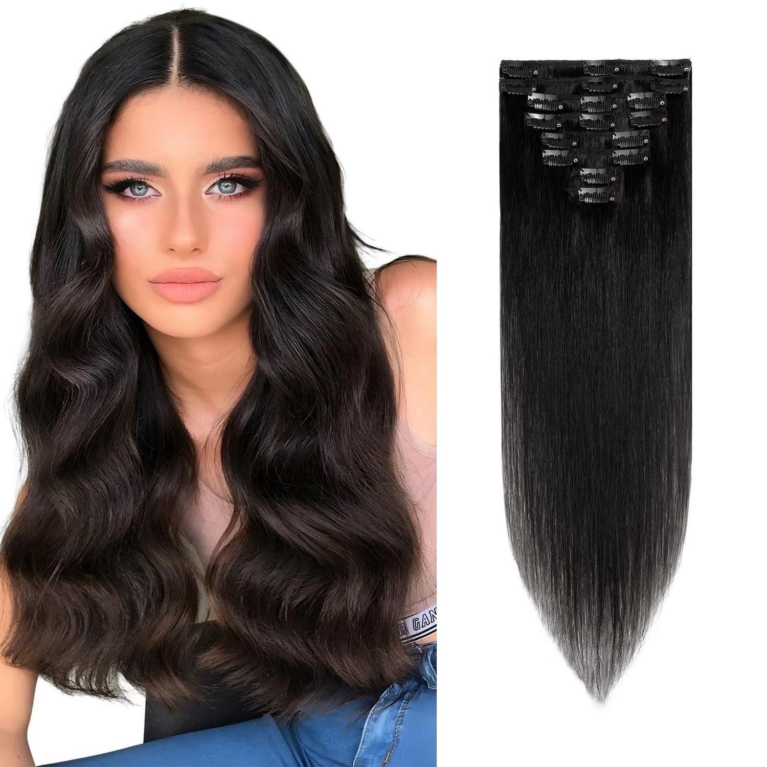 Echthaar-Extension Clip Extensions Echthaar Haarverlängerung #1 Lackschwarz 30cm-8 Stück
