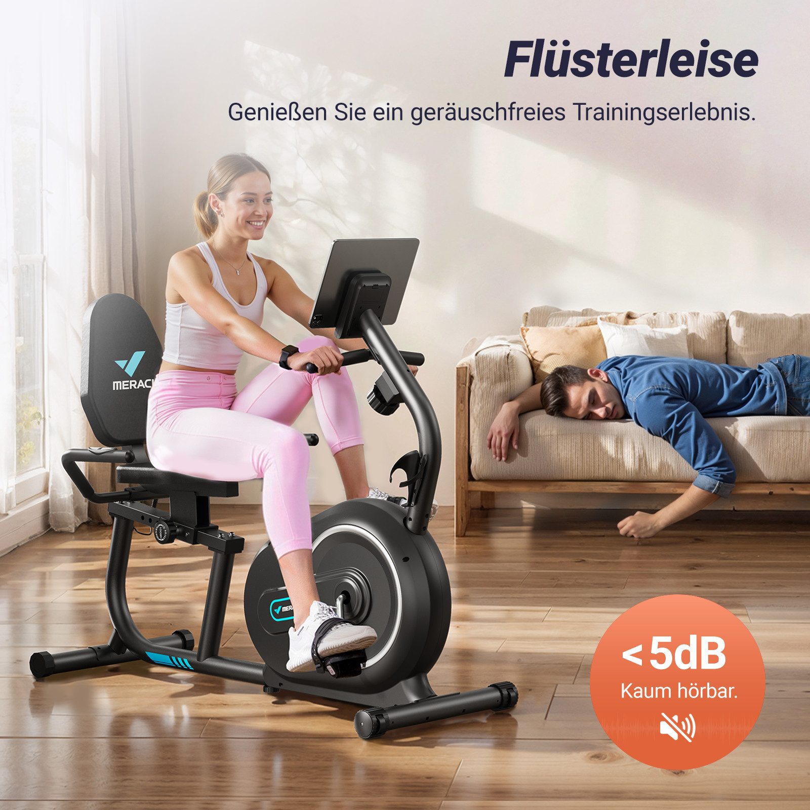 MERACH Liege-Heimtrainer für Zuhause mit 8 verstellbaren Widerstandsstufen (Leise Liegerad Heimtrainer mit Bluetooth, Exklusiver App, LCD-Display, Herzfrequenzsensoren, verstellbarer Rückenlehne und Tablet-Halterung), für Senioren max. Benutzergewicht 136 kg