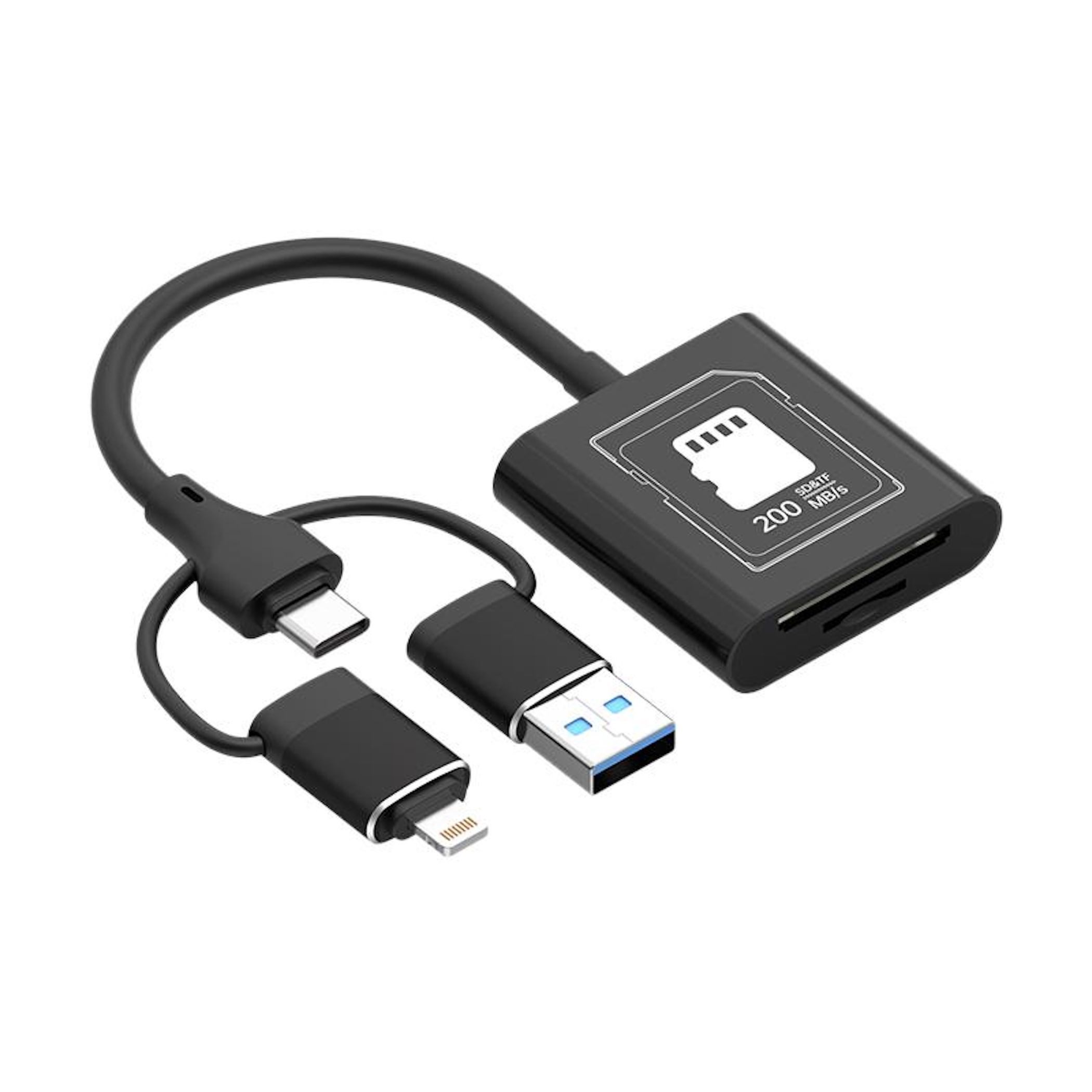 Wigento 3 in1 Kartenleser USB A USB C 8 Pin SD TF V30 Adapter Schwarz Stromadapter