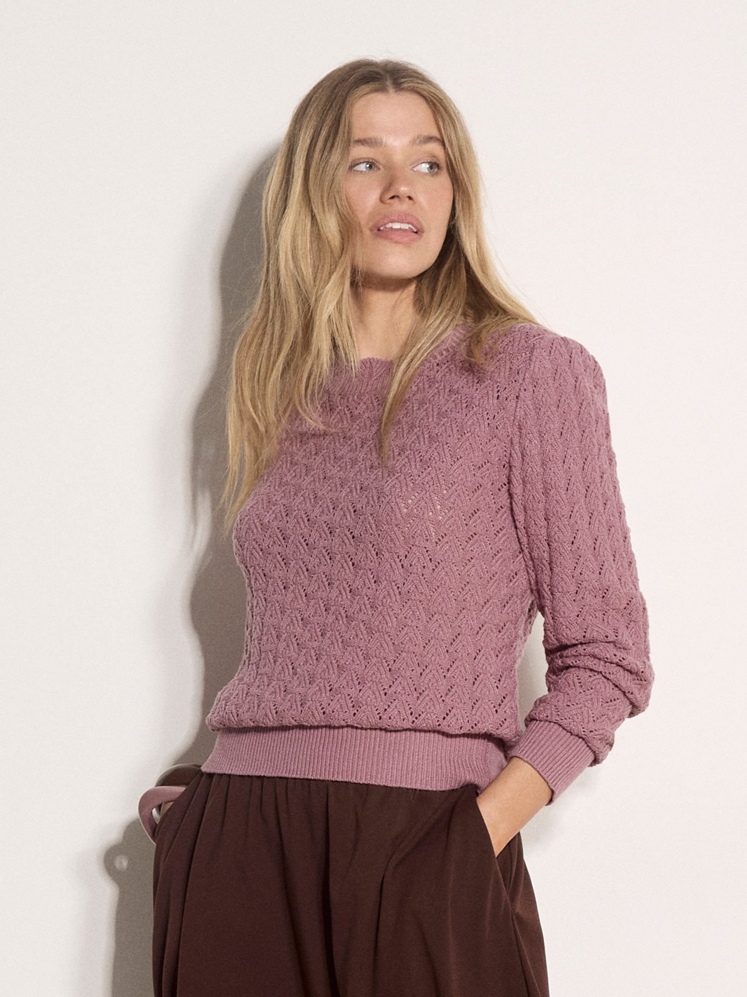Apricot Strickpullover Pointellestrick mit Wellenkante mit Häkelverzierung