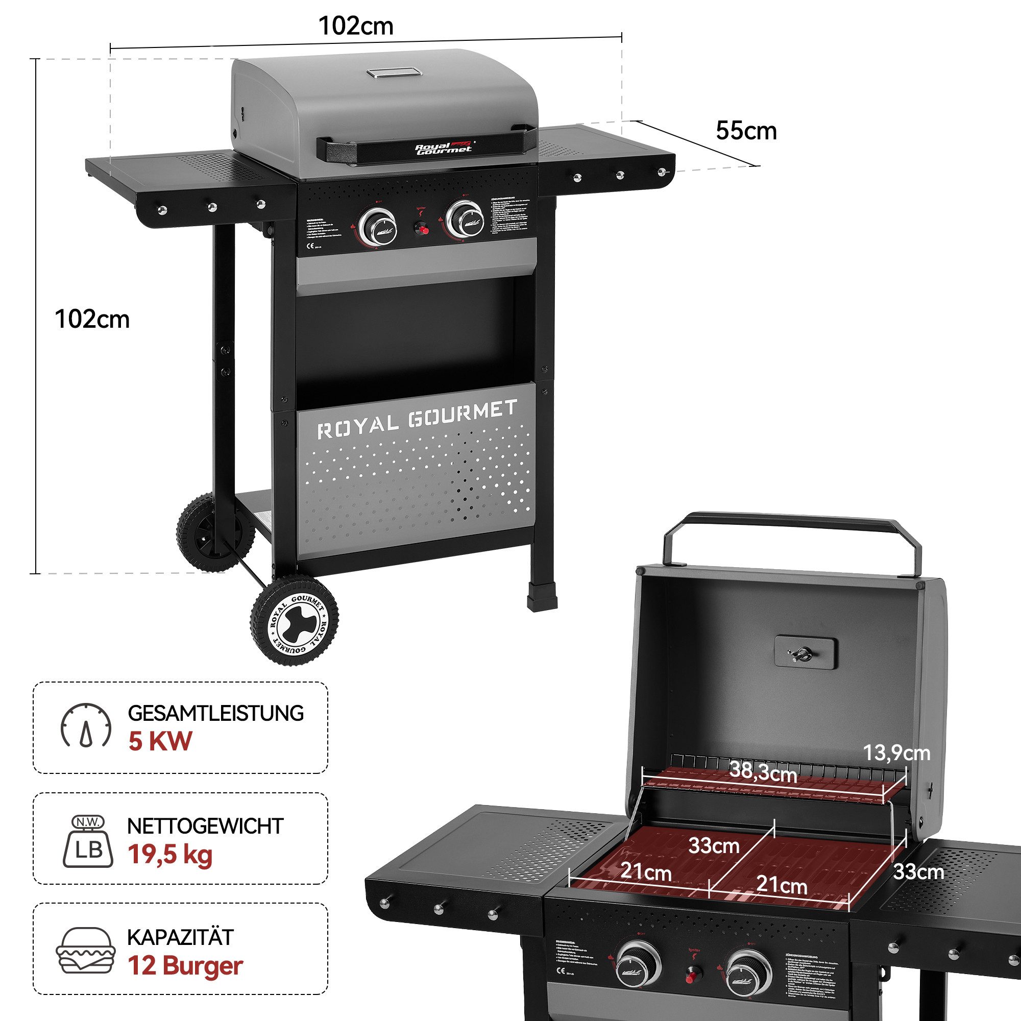 Royal Gourmet Gasgrill Grillwagen mit Gasbrennern, 2-Brenner (5 kW) oder 4-Brenner (10 kW), 2-Brenner, Grillwagen mit zwei 2,5 kW-Brennern