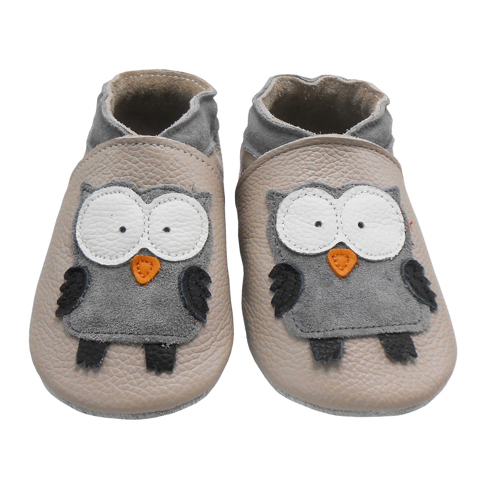 Bemesu Weiche Leder Krabbelschuhe Baby Lauflernschuh Lederpuschen Eule beige Barfußschuh 100 % echtes Leder