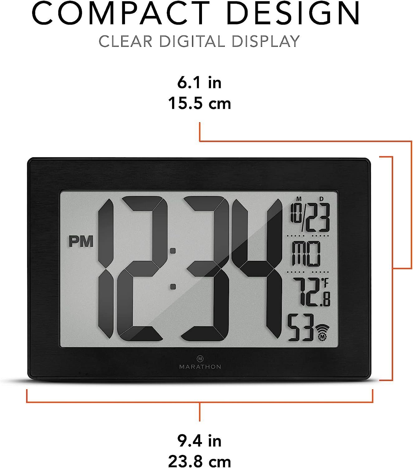 Marathon Wanduhr Atomic mit Große Uhr gebürstetem Digitale Stahl-Finish Wanduhr