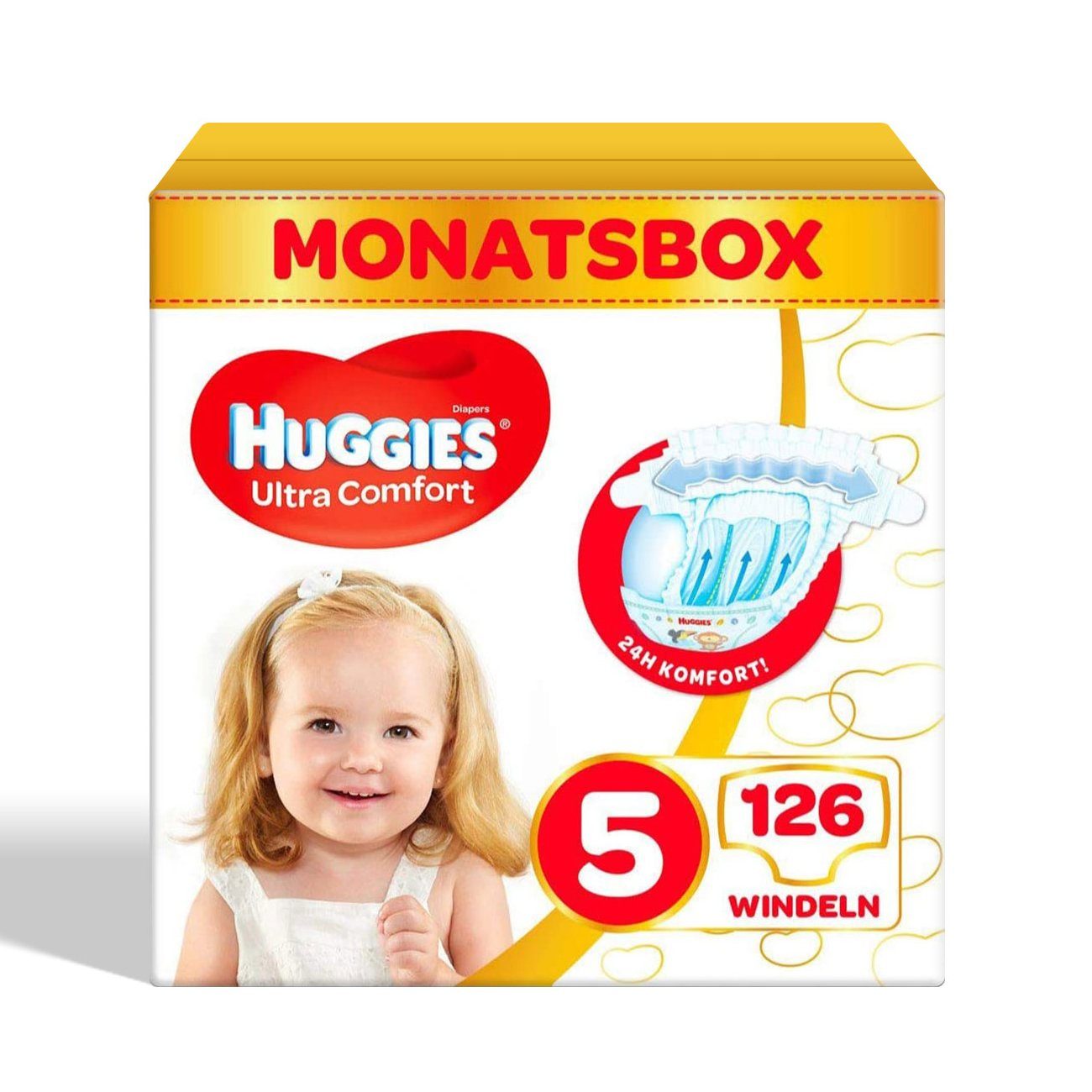 HUGGIES Windeln Ultra Comfort Babywindeln, Größe 5 (11-25 kg), Monatsbox, 126 Windeln (126 Windeln), mit Nässeindikator