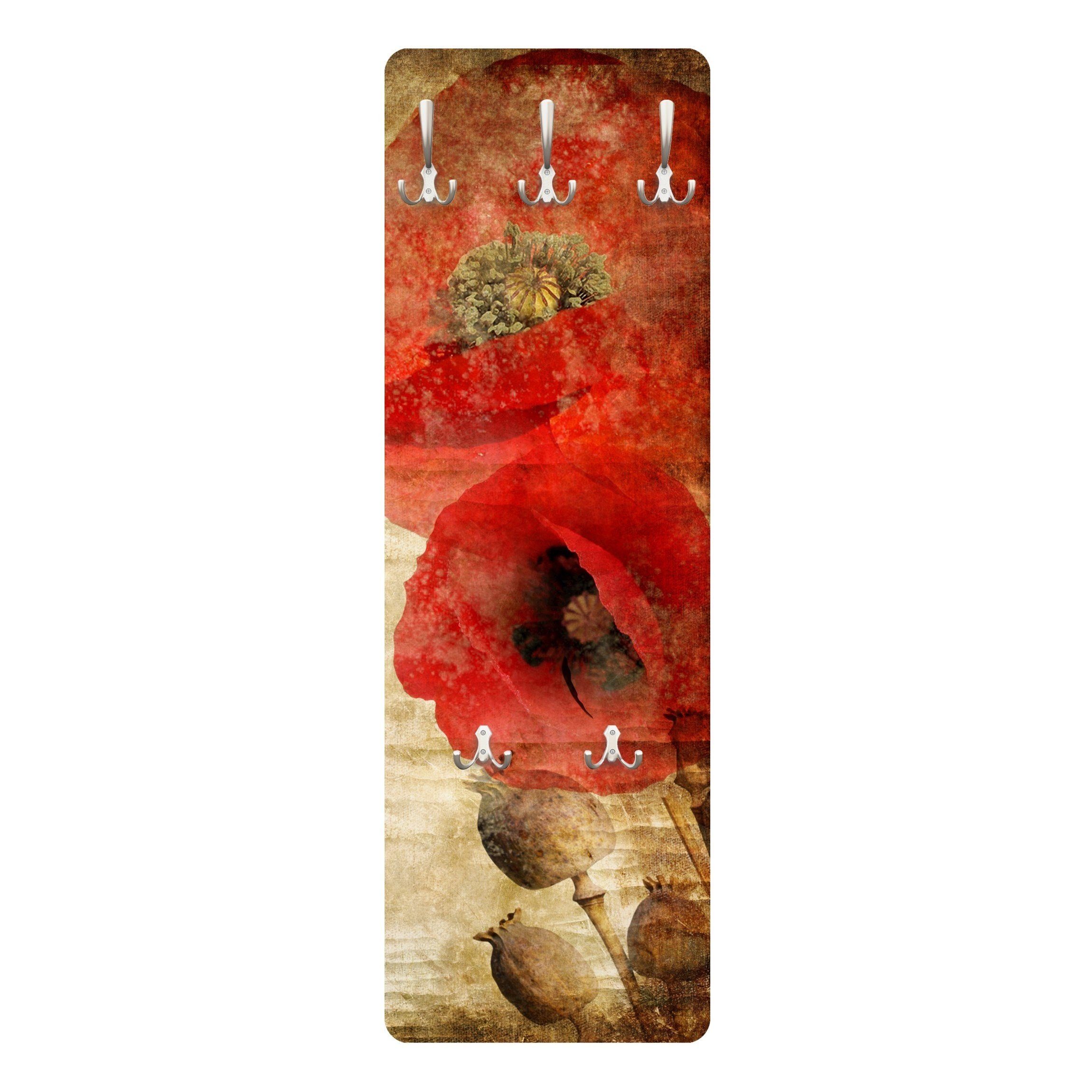 Bilderdepot24 Шкафыpaneel rot Blumen Floral Shabby Retro Vintage Poppy Flower Design (ausgefallenes Flur Wandpaneel mit Крючки гардеробные Kleiderhaken hängend), moderne Wandgarderobe - Flurgarderobe im schmalen Hakenpaneel Design