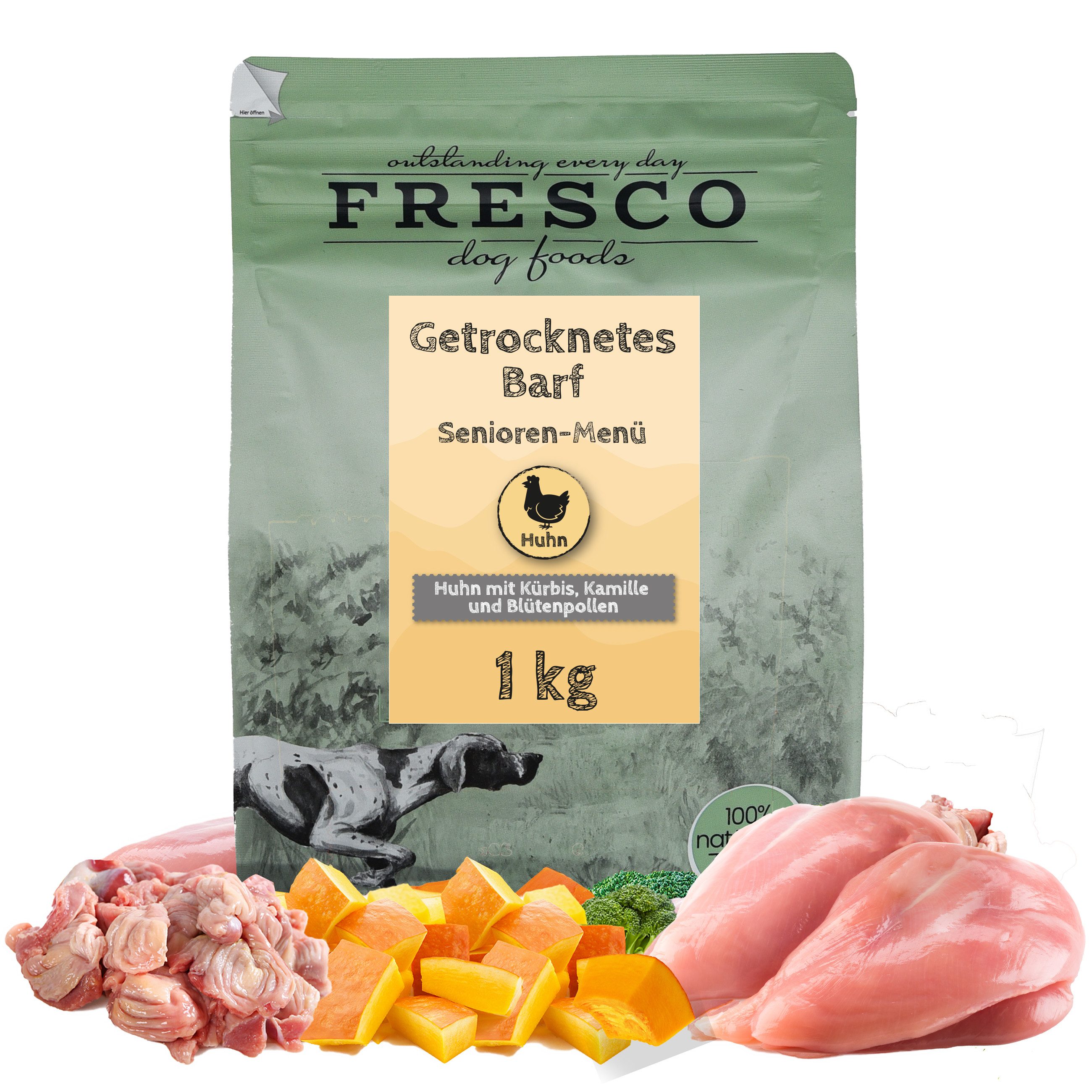 Fresco Dog TrockenBarf Hundefutter Trocken Senior Huhn, 1kg / 2,5kg / 5kg, Trockenfutter für: Hunde, Getreidefrei und fettarm mit Kürbis, Kamille, Blütenpollen & Kräutern