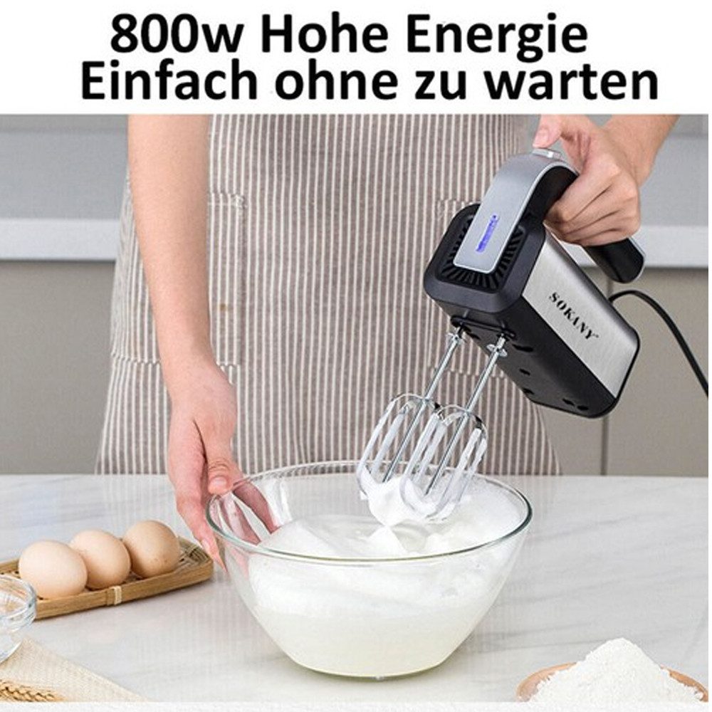 XIIW Handmixer 800W Elektrischer Handrührgerät mit 5 Stufen Turbo Boost für Eier Teig, 800 W, 304 Edelstahl mit 2 Rührbesen und 2 Knethaken – Bild 4 von 5
