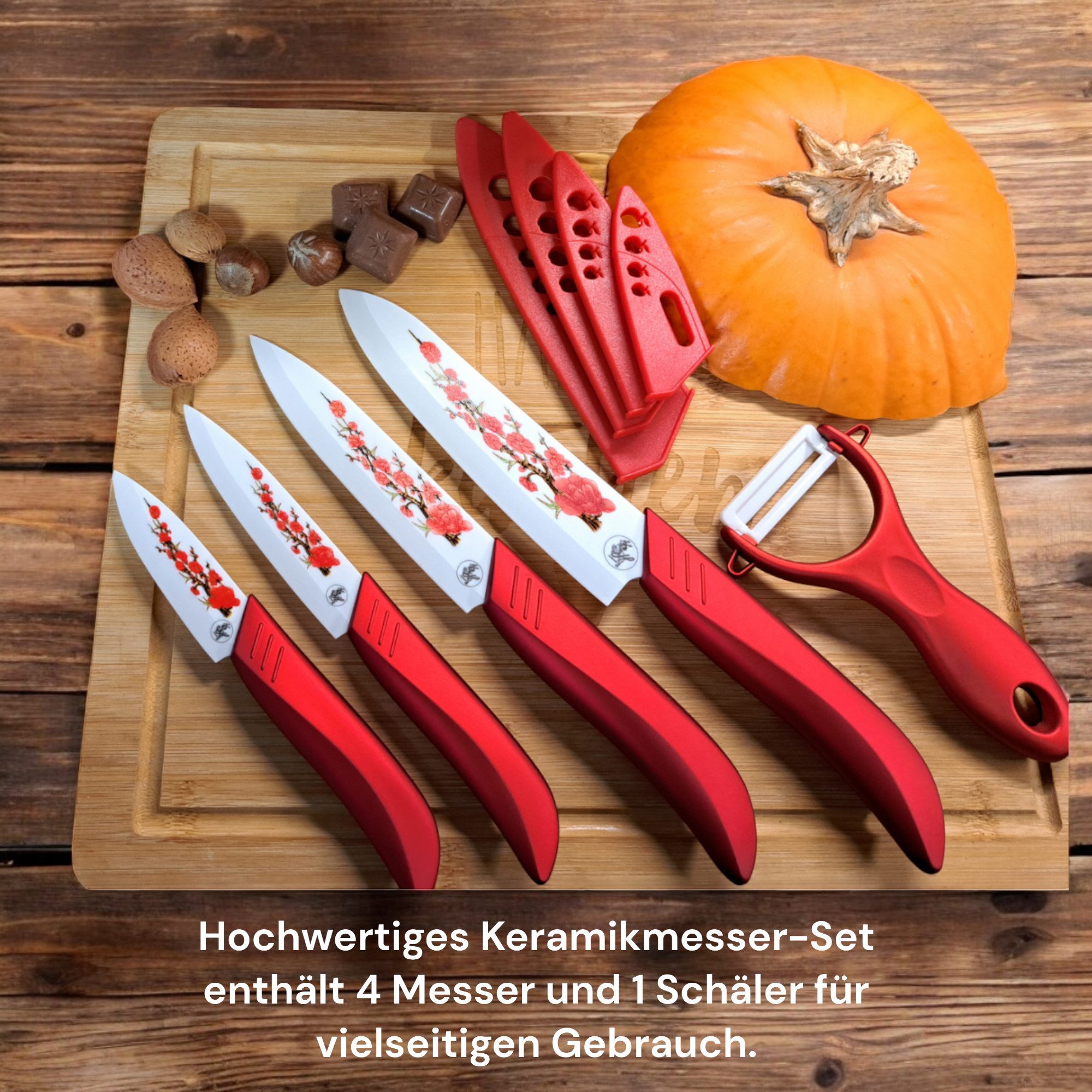 S-HubOla/SHubOla Messer-Set Keramik Messer Set 5 Tlg. Küchenmesser Kochmesser Allzweckmesser (5} Teilige Set (4 Messern und 1 Schäler), 5-tlg., 1 obstmesser, 2 Alzweckmesser, 1 Kochmesser/Chefmesser,1Schäler), Keramik 5 Teilige Set, Sakura, ultrascharf, ergonomisch