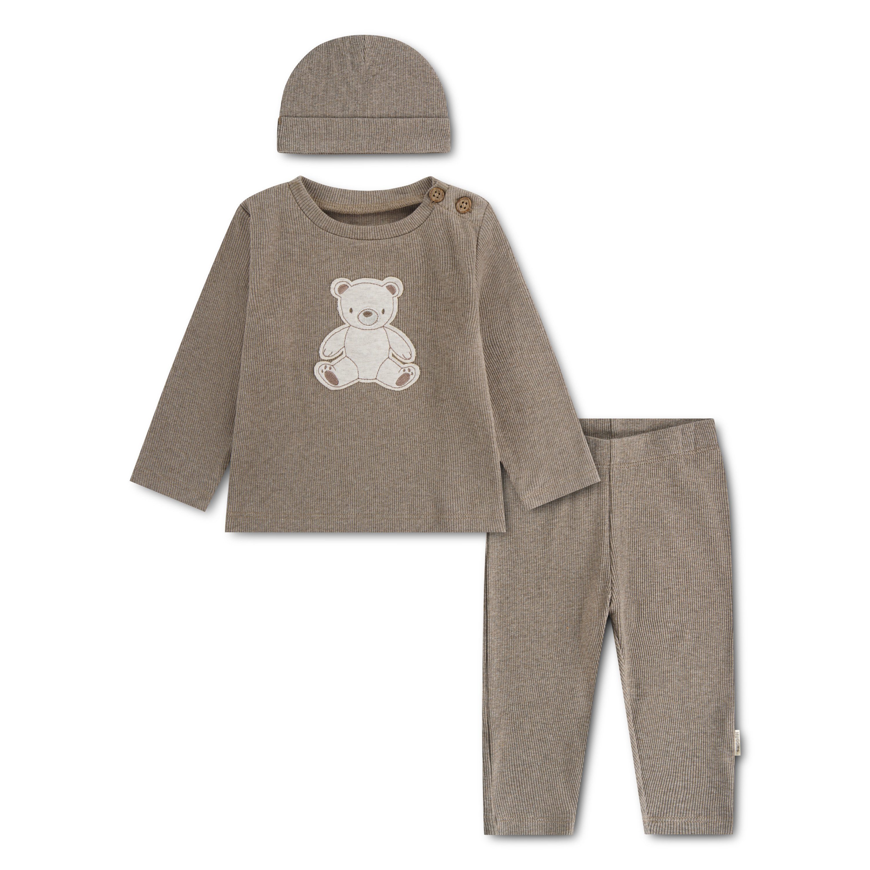 HUGGIES babywear Langarmshirt & Hose HUGN PANT SET + ATTACHMENT (Set, 3-tlg) mit Bärchenapplikation und passender Mütze