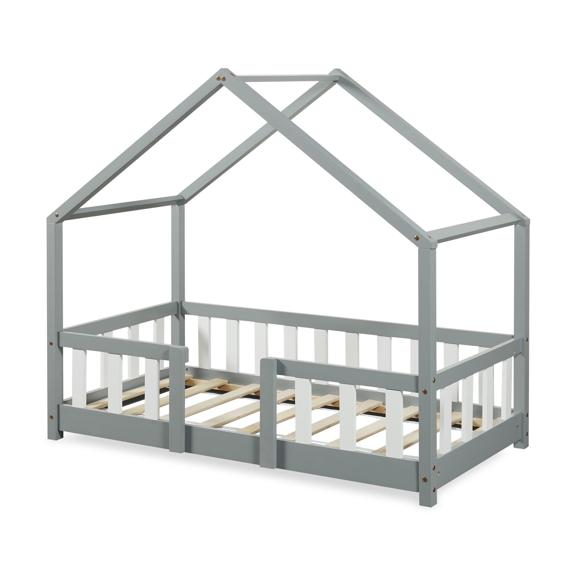 en.casa Kinderbett, »Treviolo« Haus-Optik Montessori 70x140 cm Hellgrau / Weiß