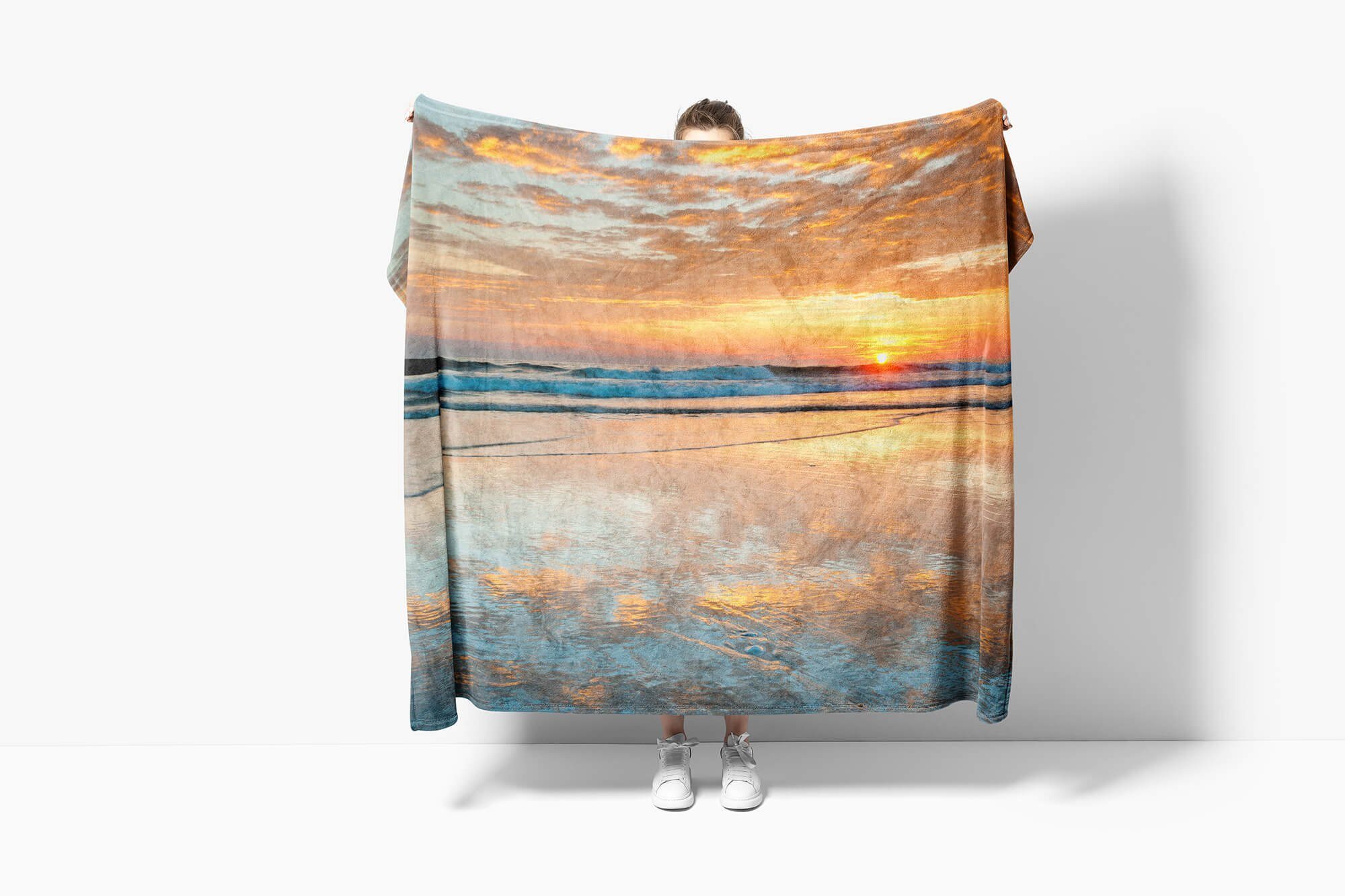 Wellen (1-St), Sinus Handtücher Kuscheldecke Handtuch Handtuch Fotomotiv Sonn, mit Strand Art Baumwolle-Polyester-Mix Strandhandtuch Saunatuch