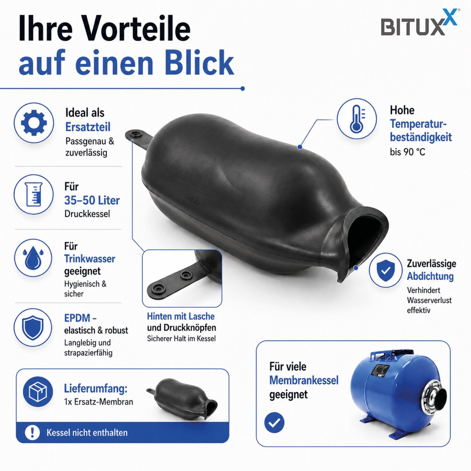 Bituxx Membran-Druckbehälter Ersatz Membran 35 - 50 L, 50 l, 10 bar