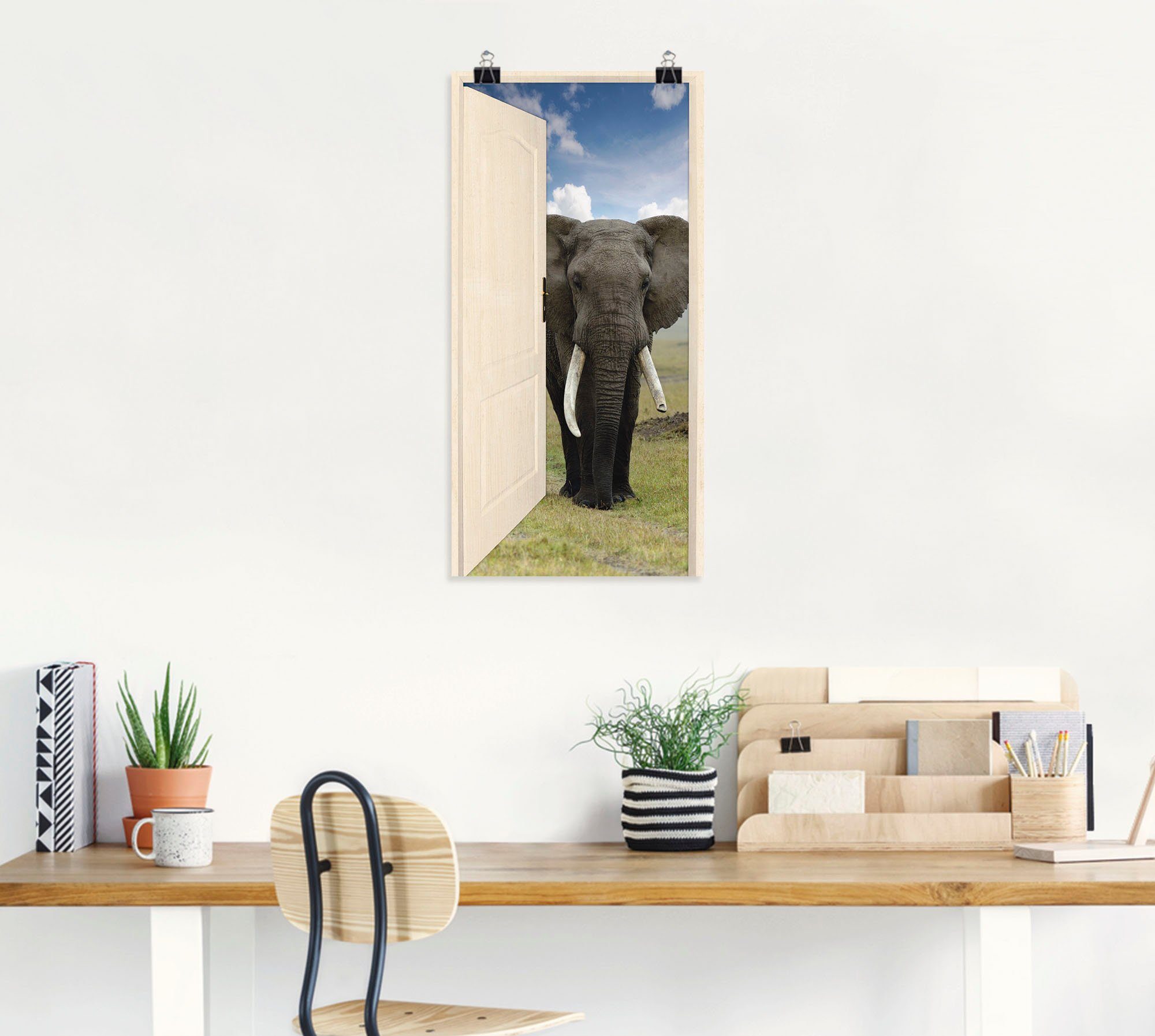 Artland Alubild, Wildtiere mit in (1 Größen als Türe Blick Elefant, Poster Wandaufkleber versch. Offene auf oder Leinwandbild, St), weiße Wandbild