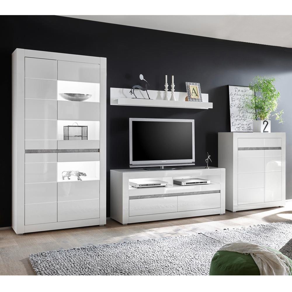 Lomadox Wohnwand COGO-61, (Mega-Spar-Set, 2-St), in weiß Hochglanz mit Beton inkl. LED BxHxT: 370x198x42cm