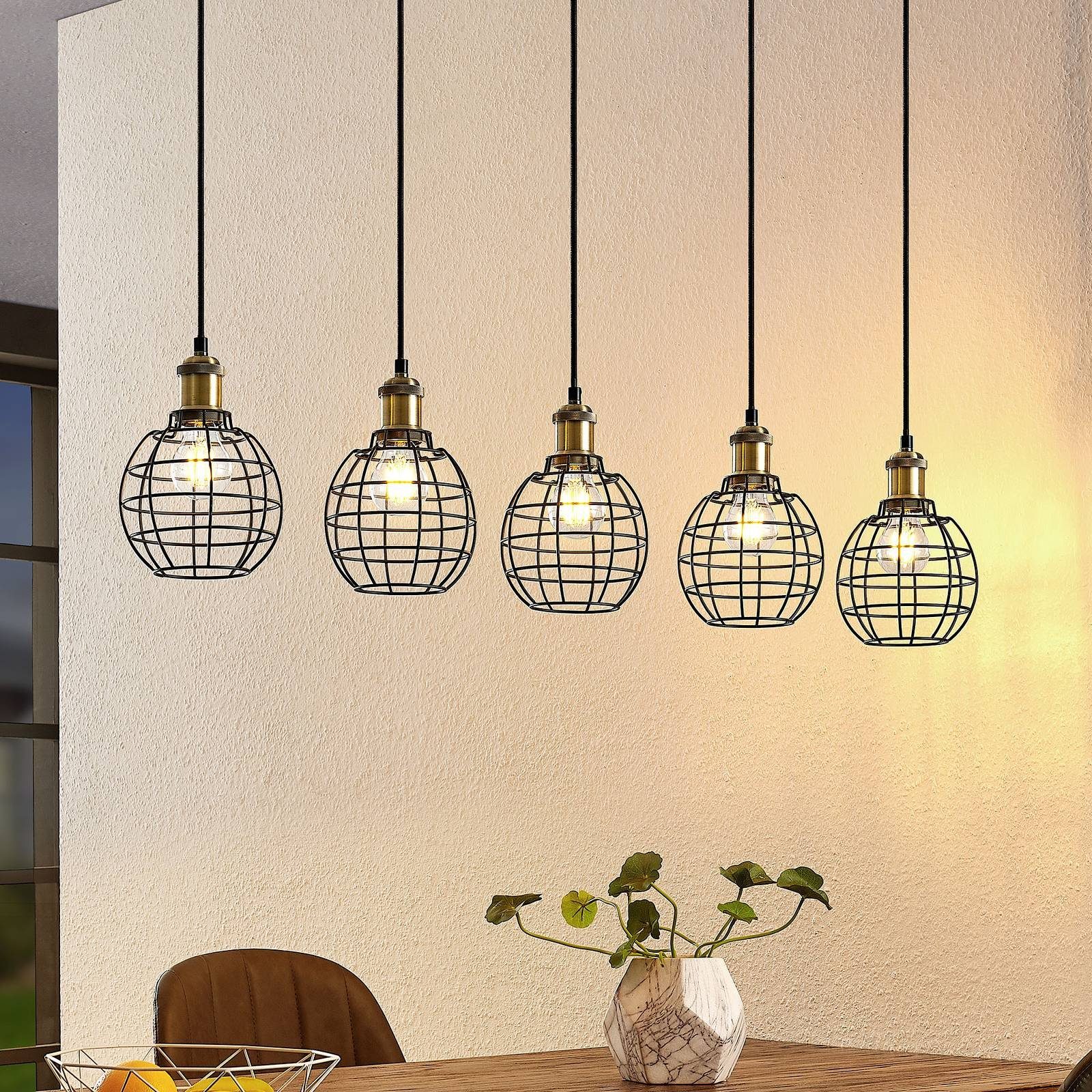 Lindby Hängeleuchte Alexej, dimmbar, Leuchtmittel nicht inklusive, Vintage, Eisen, Schwarz, 5 flammig, E27, Deckenlampe, Esstischlampe | Pendelleuchten