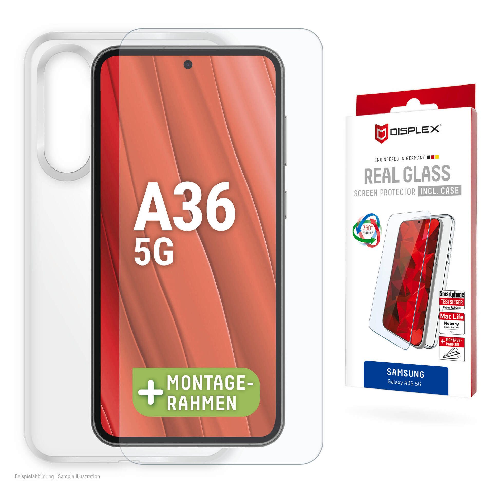 Displex Displayschutzglas Real Glass Screen Protector inklusive Case für Samsung Galaxy A36 5G, Displayschutzfolie, Schutzfolie, Bildschirmschutz, kratz- & stoßfest