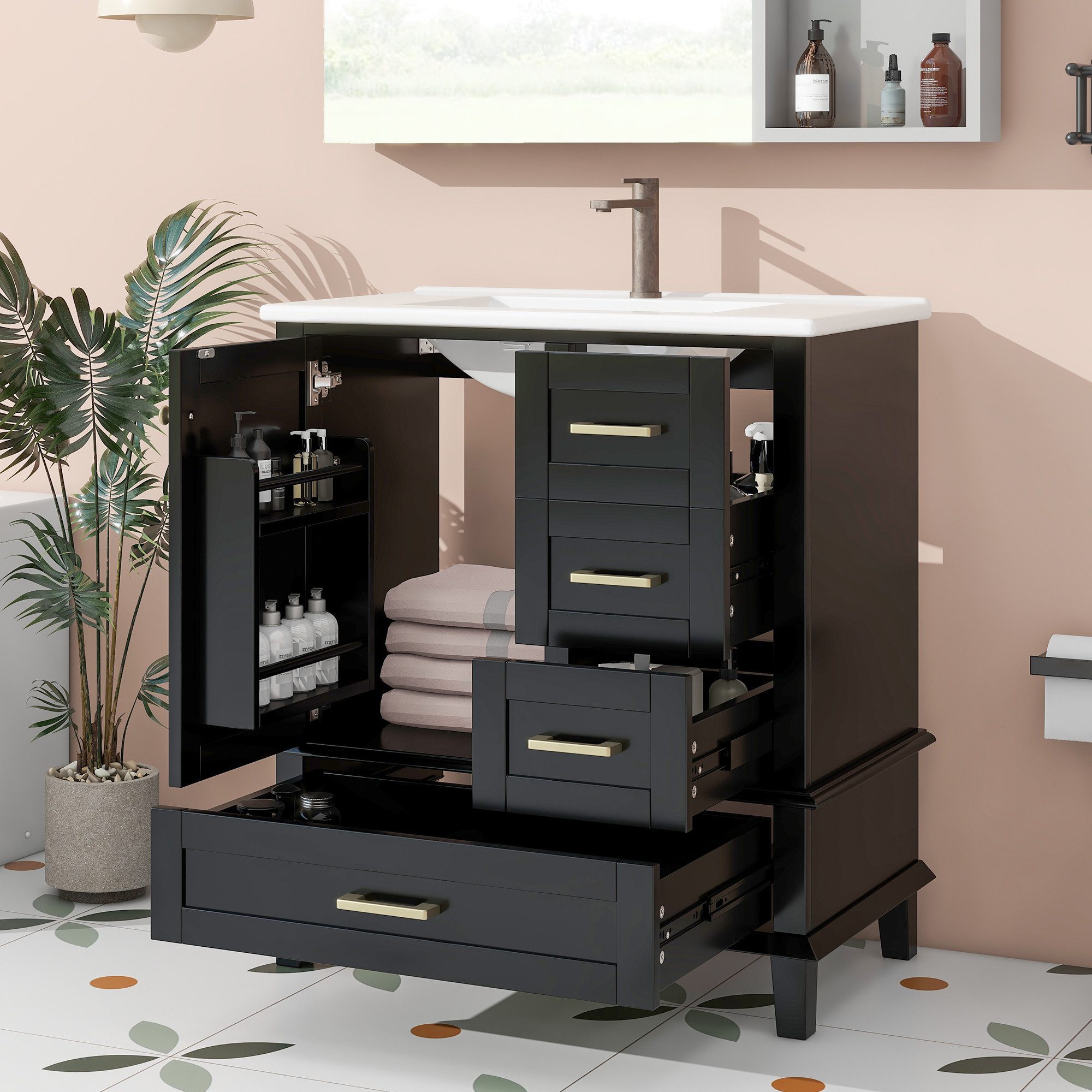 Merax Waschtisch mit 3 Schubladen und 1 Türregal (Badschrank Badezimmerschrank, 1-St., 76x46x83,5cm), Waschbeckenunterschrank mit Waschbecken, stehend Badmöbel