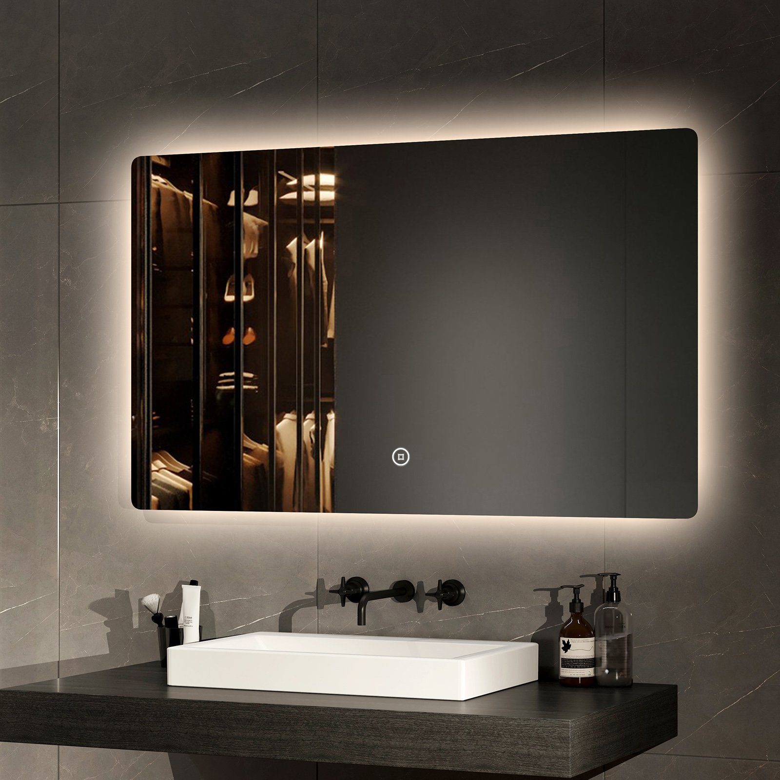 EMKE Badspiegel LED Badezimmerspiegel mit Beleuchtung rahmenlos Rechteckig Wandspiegel (Horizontal Monatge), mit Touch 3 Farben des Lichts Dimmbar 80-100cm IP44