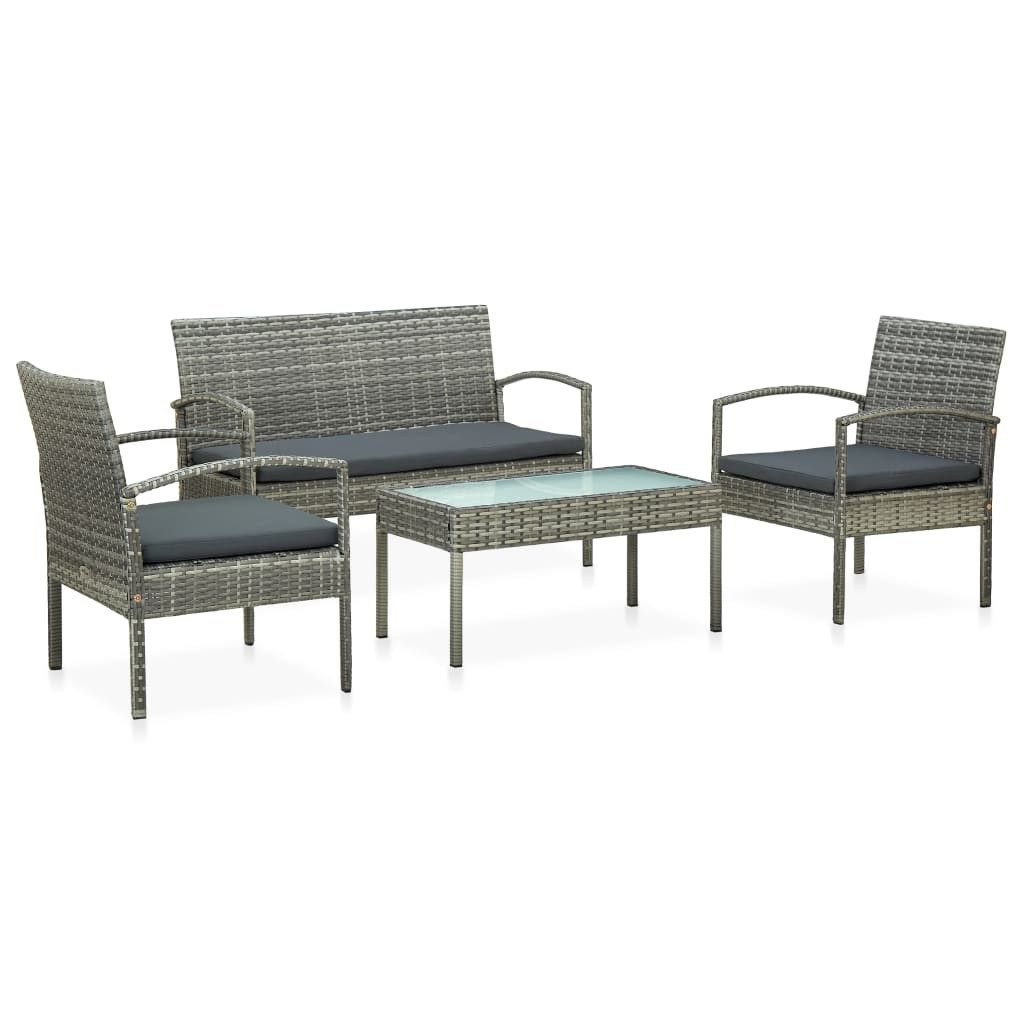vidaXL Gartenlounge-Set 4-tlg. Garten-Lounge-Set mit Auflagen Poly Rattan Grau, (4-tlg)