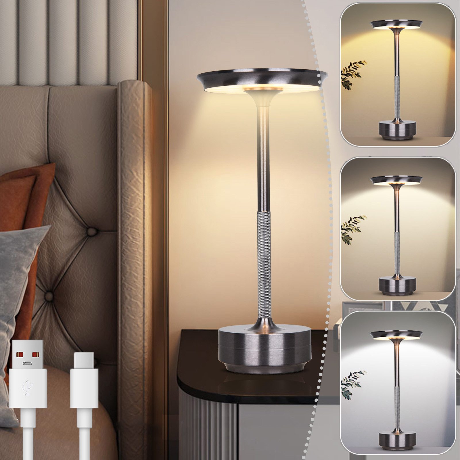 MUPOO LED Tischleuchte Tischlampe Akku Touch Dimmbar mit USB-C,3 Farbtem, P günstig online kaufen