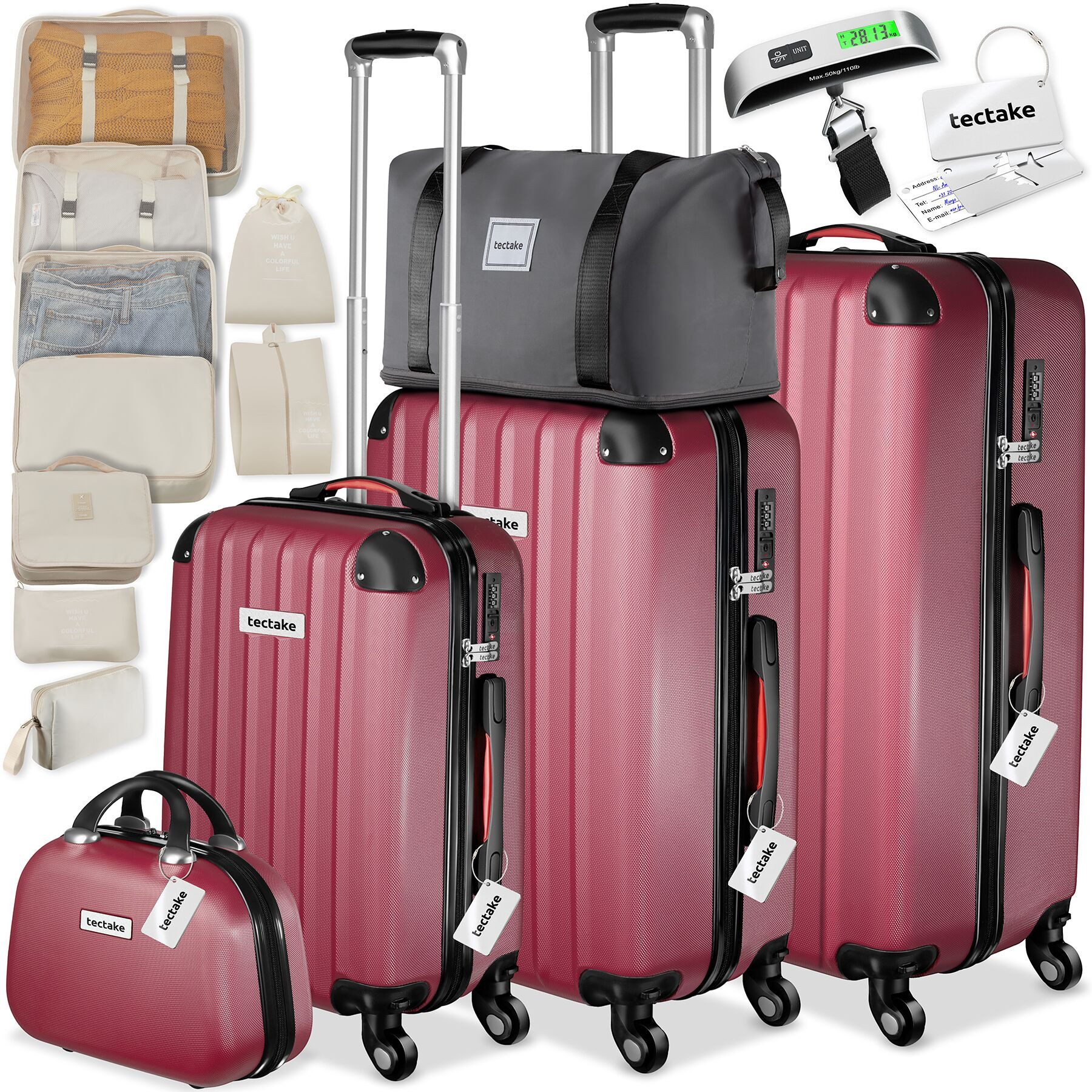 tectake Trolley Hartschalenkoffer-Set 19-teilig aus ABS-Kunststoff, Kofferwaage, 4 Rollen, TSA-Schloss, 360° drehbare, abnehmbare Rollen, mit Packwürfelset