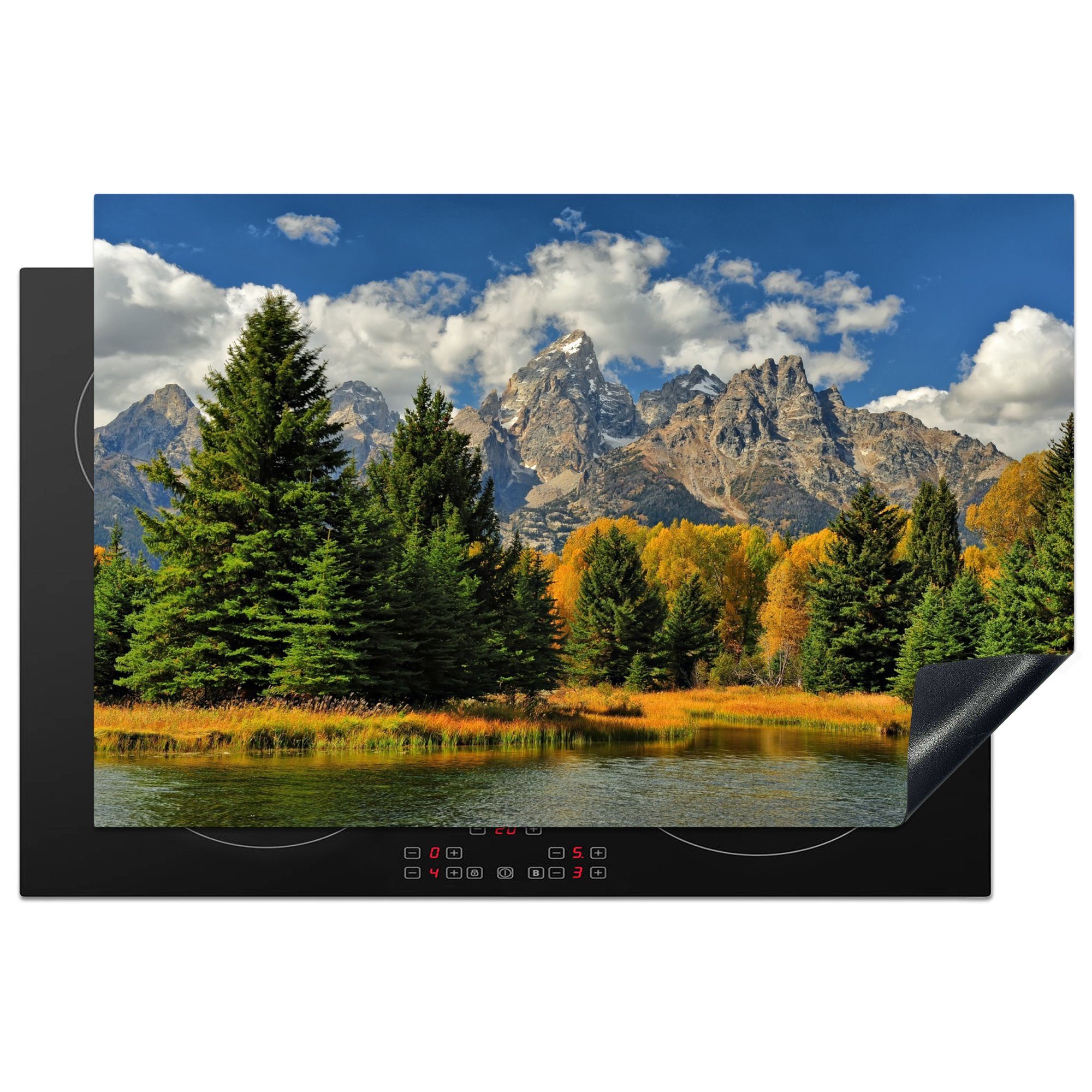 MuchoWow Herdblende-/Abdeckplatte Waldlandschaft vor den Teton-Bergen im Herbst in Wyoming, Vinyl, (1 tlg), 81x52 cm, Induktionskochfeld Schutz für die küche, Ceranfeldabdeckung