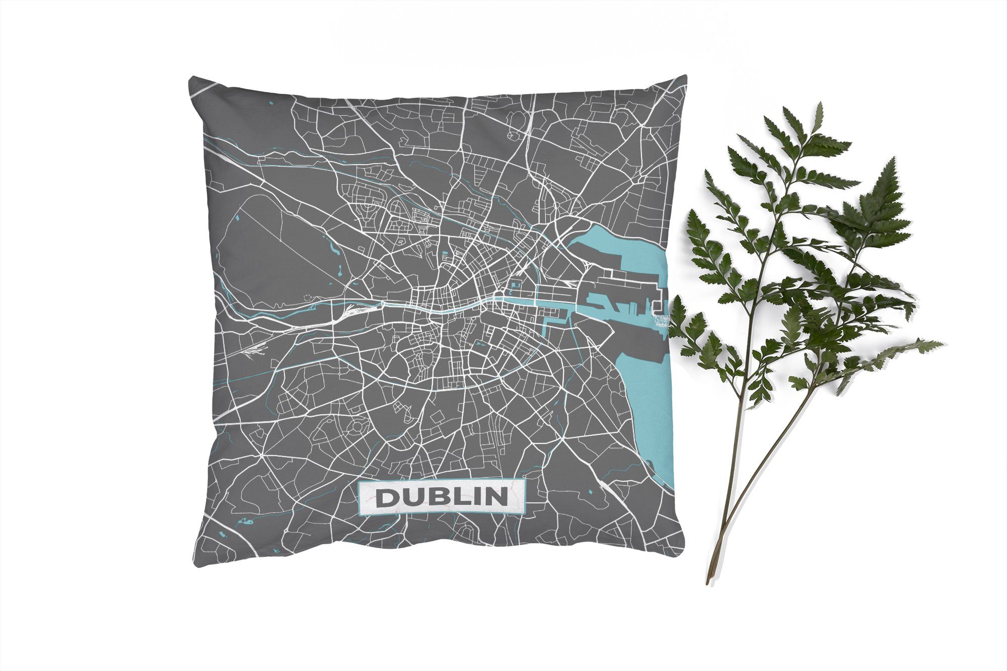 MuchoWow Dekokissen Dublin - Stadtplan - Karte - Blau, Zierkissen mit Füllung für Wohzimmer, Schlafzimmer, Deko, Sofakissen