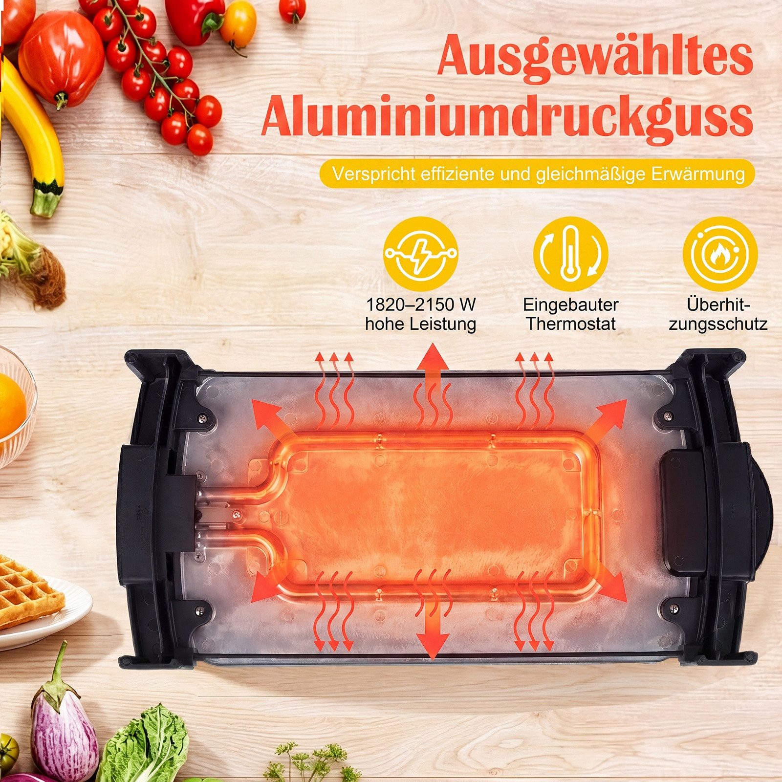 COSTWAY Elektrogrill, 2150 W, Tischgrill mit Doppelzone & Thermostat, 54x25cm