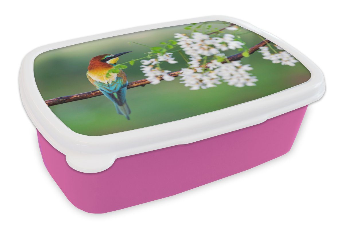 MuchoWow Lunchbox Vogel - Bienenfresser - Blumen, Kunststoff, (2-tlg), Brotbox für Erwachsene, Brotdose Kinder, Snackbox, Mädchen, Kunststoff rosa