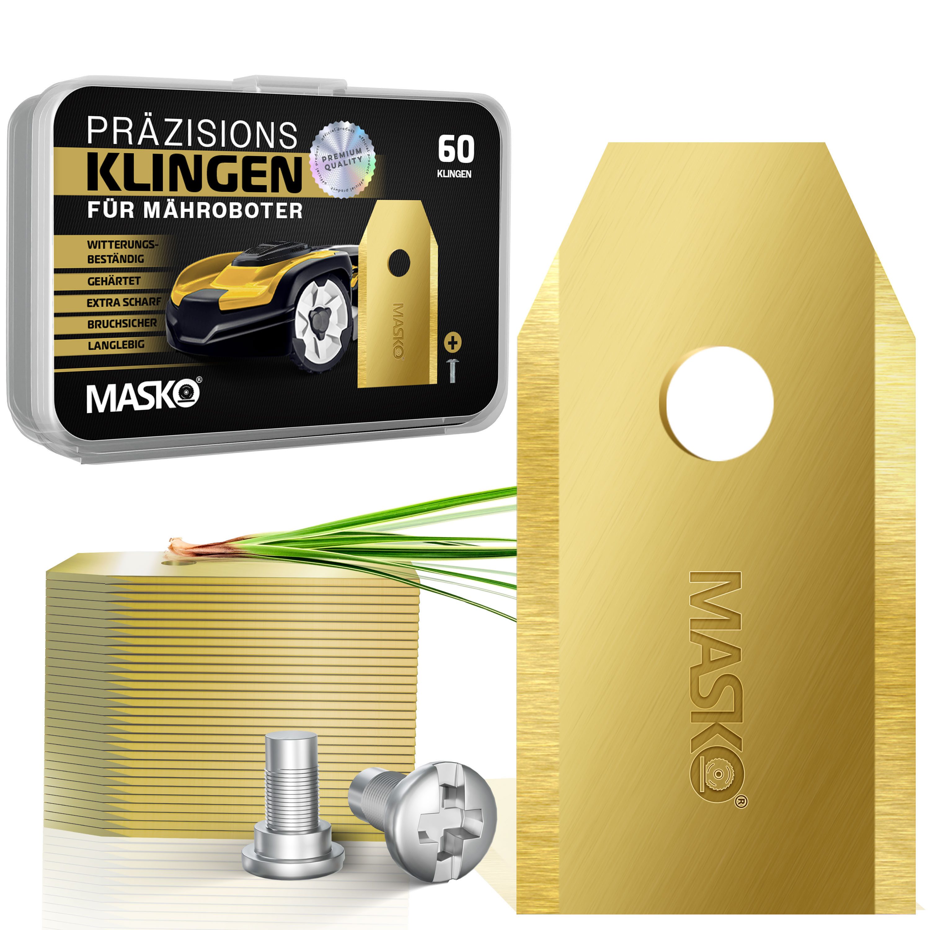 MASKO Mährobotermesser (60-St), Ersatzmesser Klingen für Mähroboter langlebig Titan-Beschichtung goldfarben