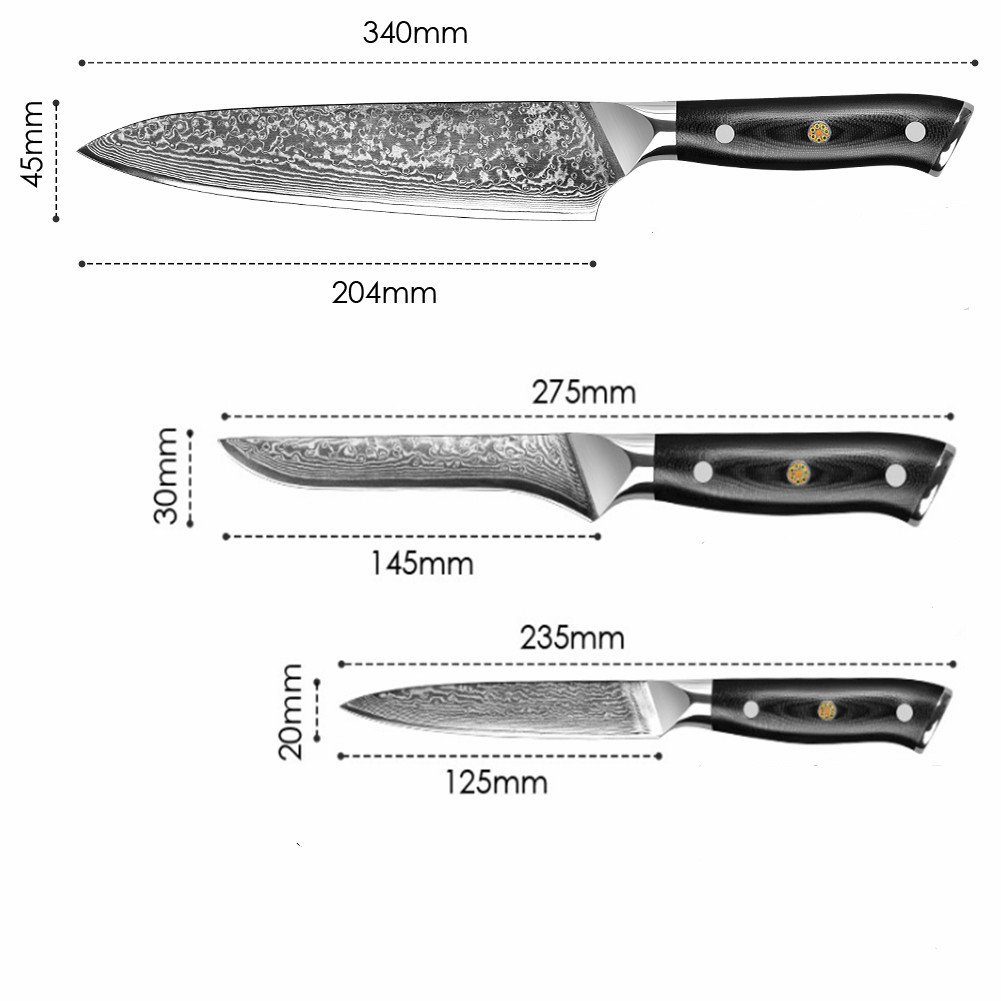 KingLux Messer-Set 3tlg.Damastmesser-Set 12,5cm-20cm von Klingenlängen (3-tlg) mit