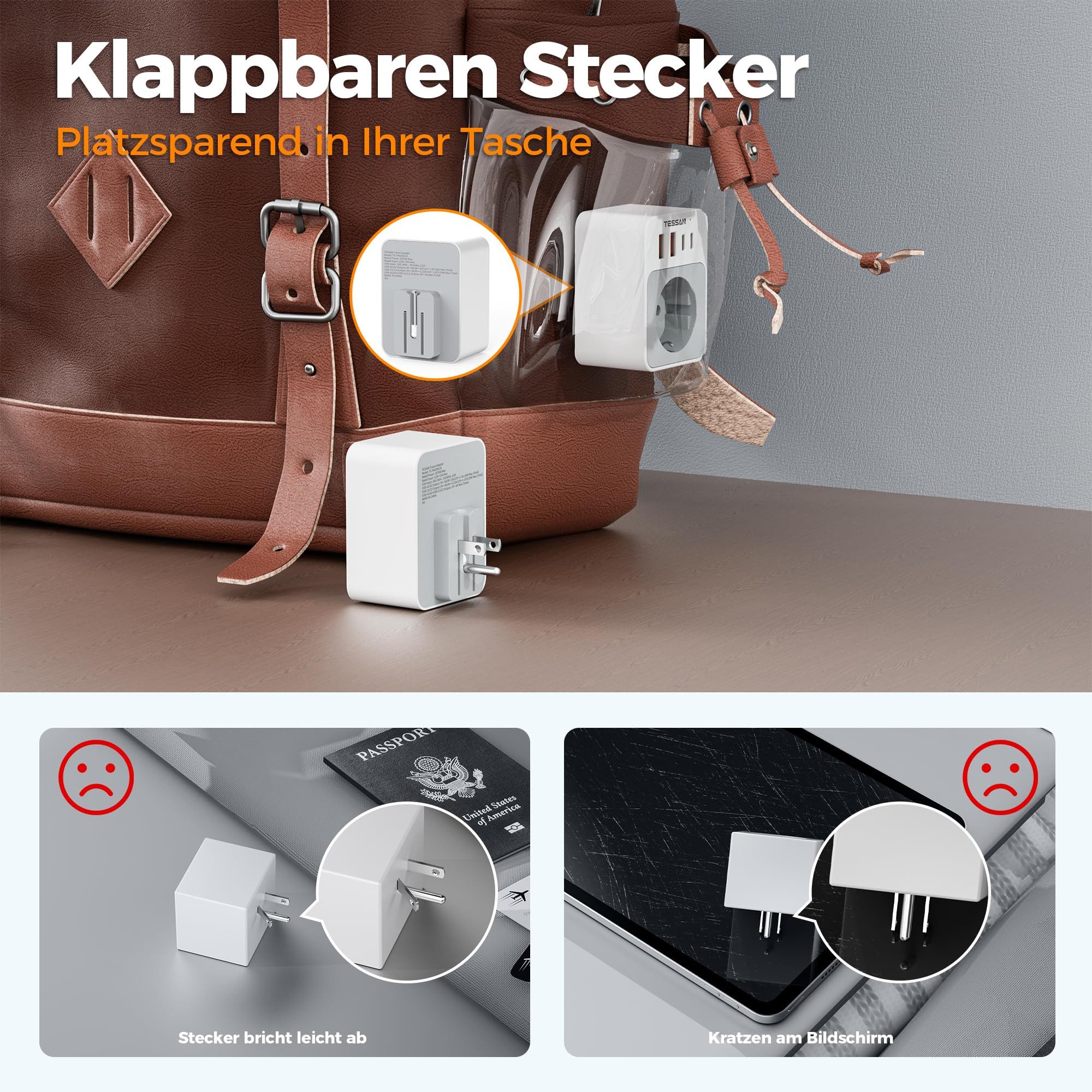 TESSAN 2 Stück klappbarer 5-in-1 Reiseadapter für US-Stecker in EU-Steckdosen Reiseadapter, Steckdosenadapter US für American Thailand Mexiko, Reisestecker Typ B