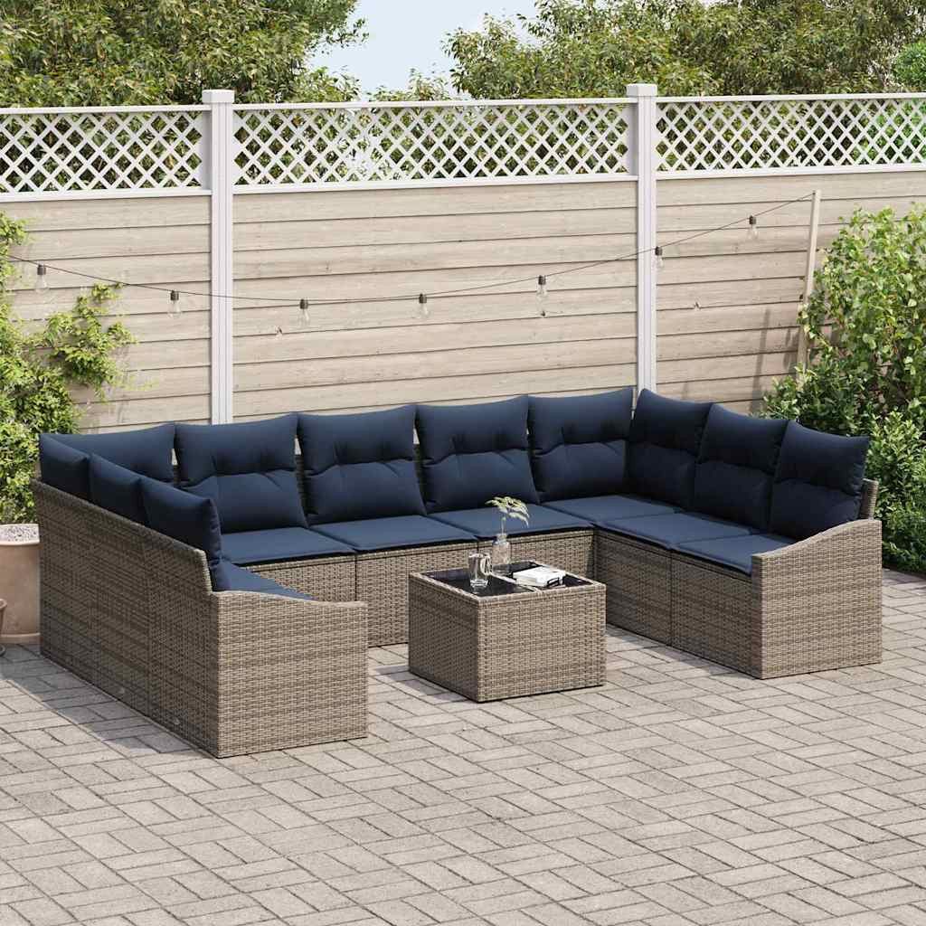 vidaXL Gartenlounge-Set Gartensofa-set 10 pcs Grau und Marineblau Poly-Rattan, (10-tlg)