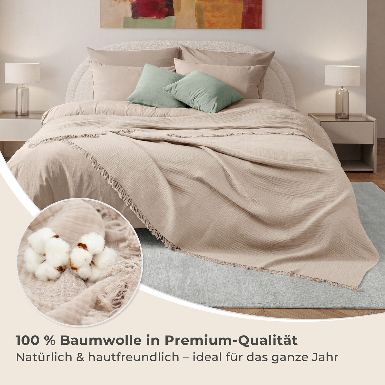 Laynenburg Tagesdecke Musselin mit Fransen aus 100% Baumwolle – Baumwolldecke, Wohndecke als Sommerdecke, Bett-Überwurf, Sofa-Decke, Kuscheldecke – Bild 5 von 5