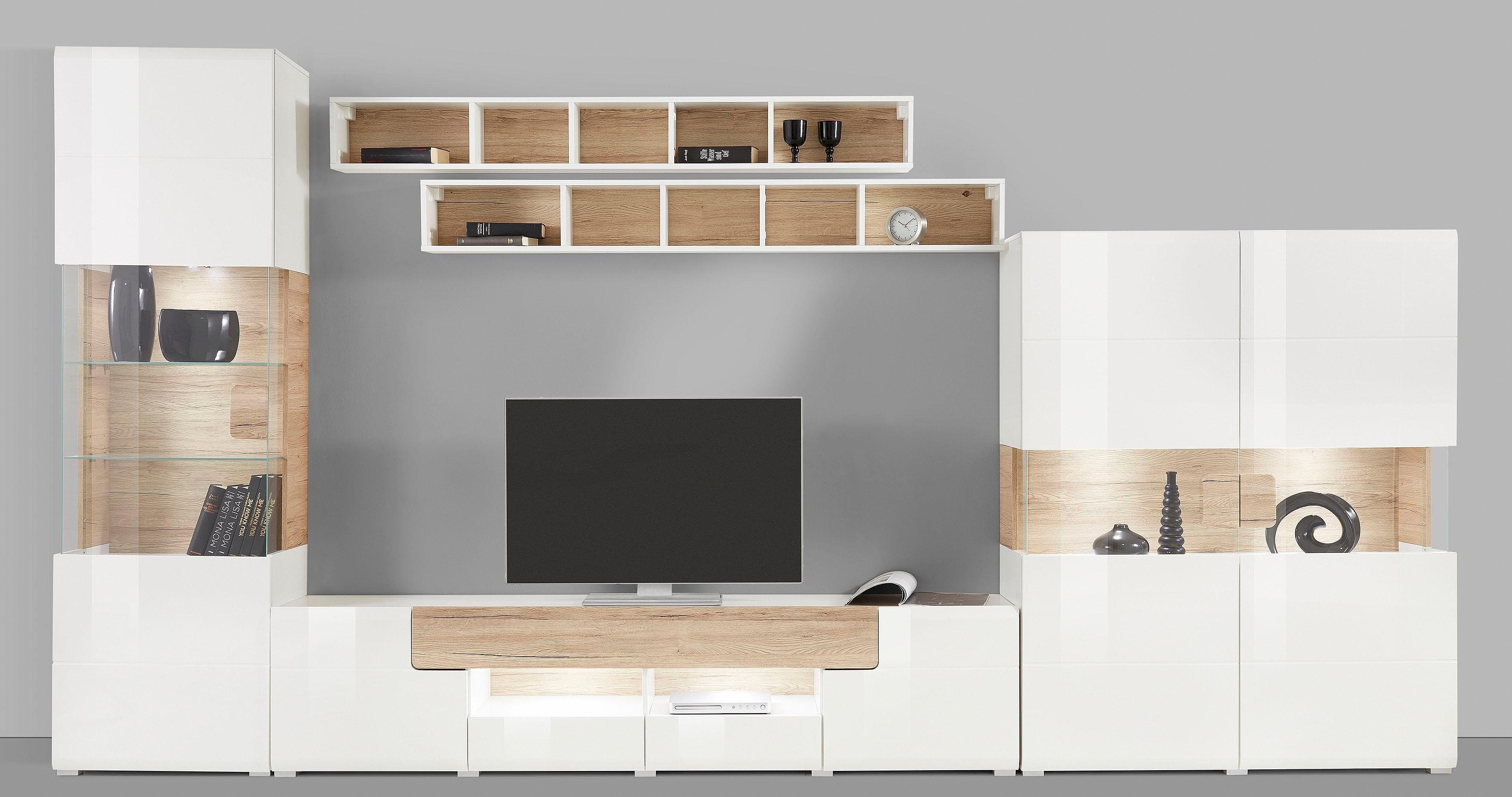OTTO home Wohnwand Toledo,Breite 391cm stilvolle Mediawand ohne Beleuchtung, (Set, 5-St), Anbauwand(Vitrine,Lowboard,Highboard,2xHängeregal)MDF Hochglanzfronten