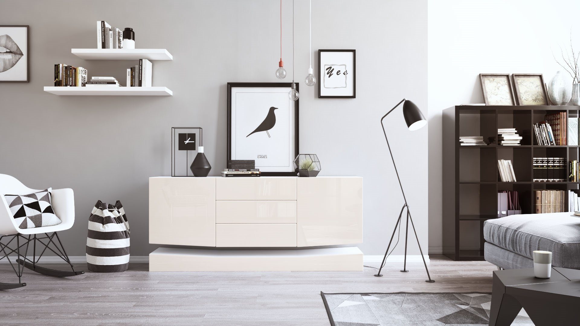 Vladon Sideboard City (Kommode, mit 2 Türen und 3 Schubladen), Weiß matt/Creme Hochglanz (178 x 72 x 38 cm)