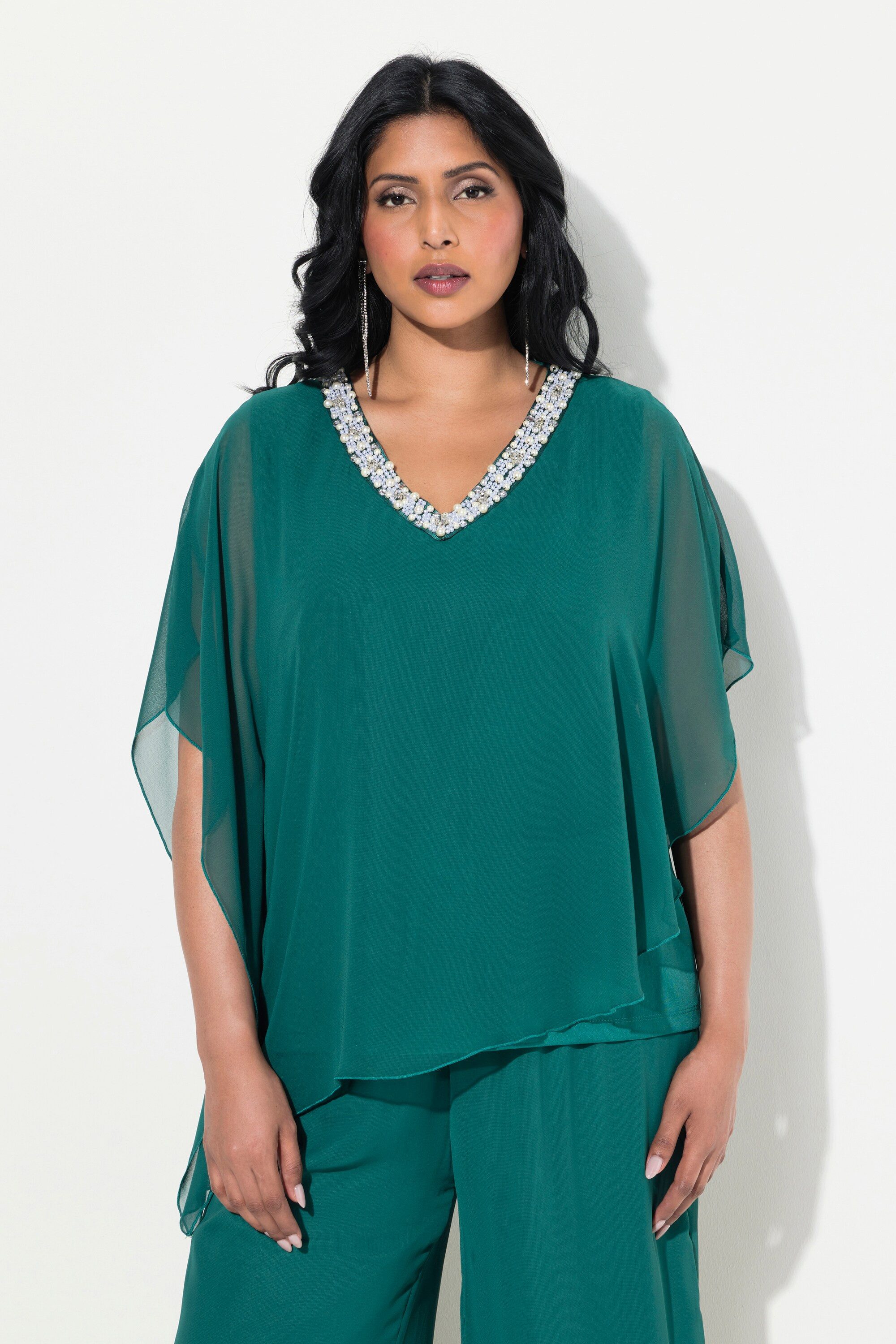 Longbluse Chiffonbluse doppellagig V-Ausschnitt Halbarm