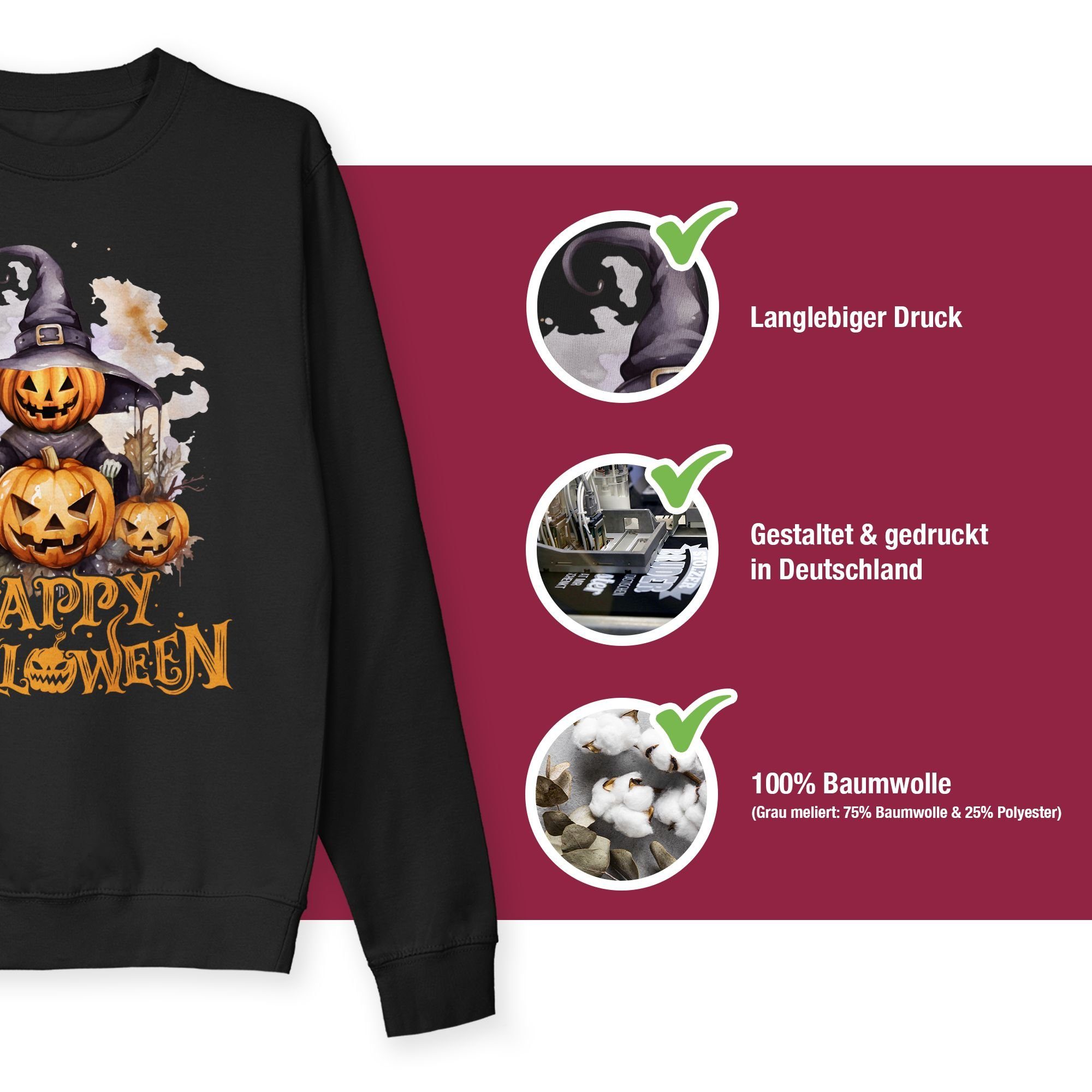 Kostüme 1 Halloween Happy Schwarz (1-tlg) Gruselig Hexe Damen Shirtracer Sweatshirt Kürbis Kürbiskopf Halloween