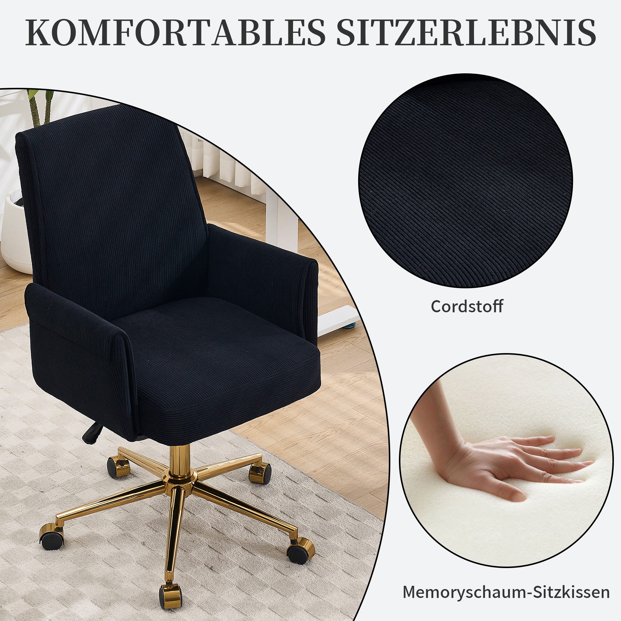 SeedWave Bürostuhl Ergonomisch Cord Drehstuhl mit Wippfunktion, Memory-Schaum Sitzkissen, Höhenverstellbarer Schreibtischstuhl für Büro und Home Office