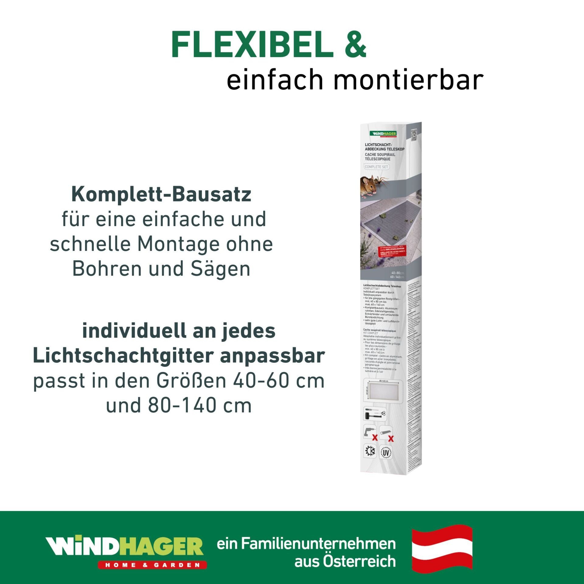 Windhager Lichtschachtabdeckung teleskopierbar 80-140 cm x 40-60 cm, zuverlässiger Schutz, (1-St), Kellerschacht Schutzgitter mit Aluminiumrahmen und Edelstahlgewebe